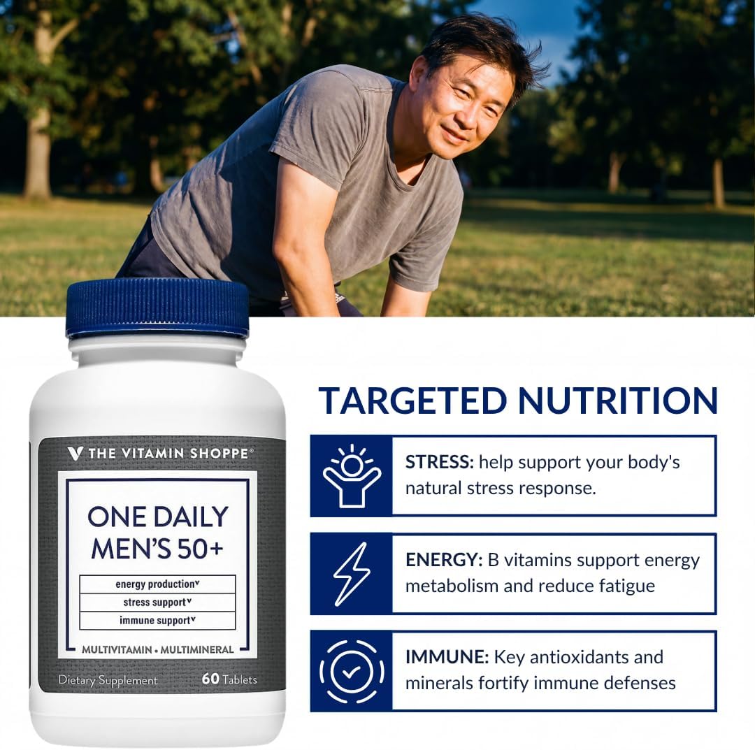 The Vitamin Shoppe Brand One Daily Men's 50+ Multivitamin, 60 Tablets | Includes Magnesium, Zinc, Calcium and More, Energy Stress & Immune Support