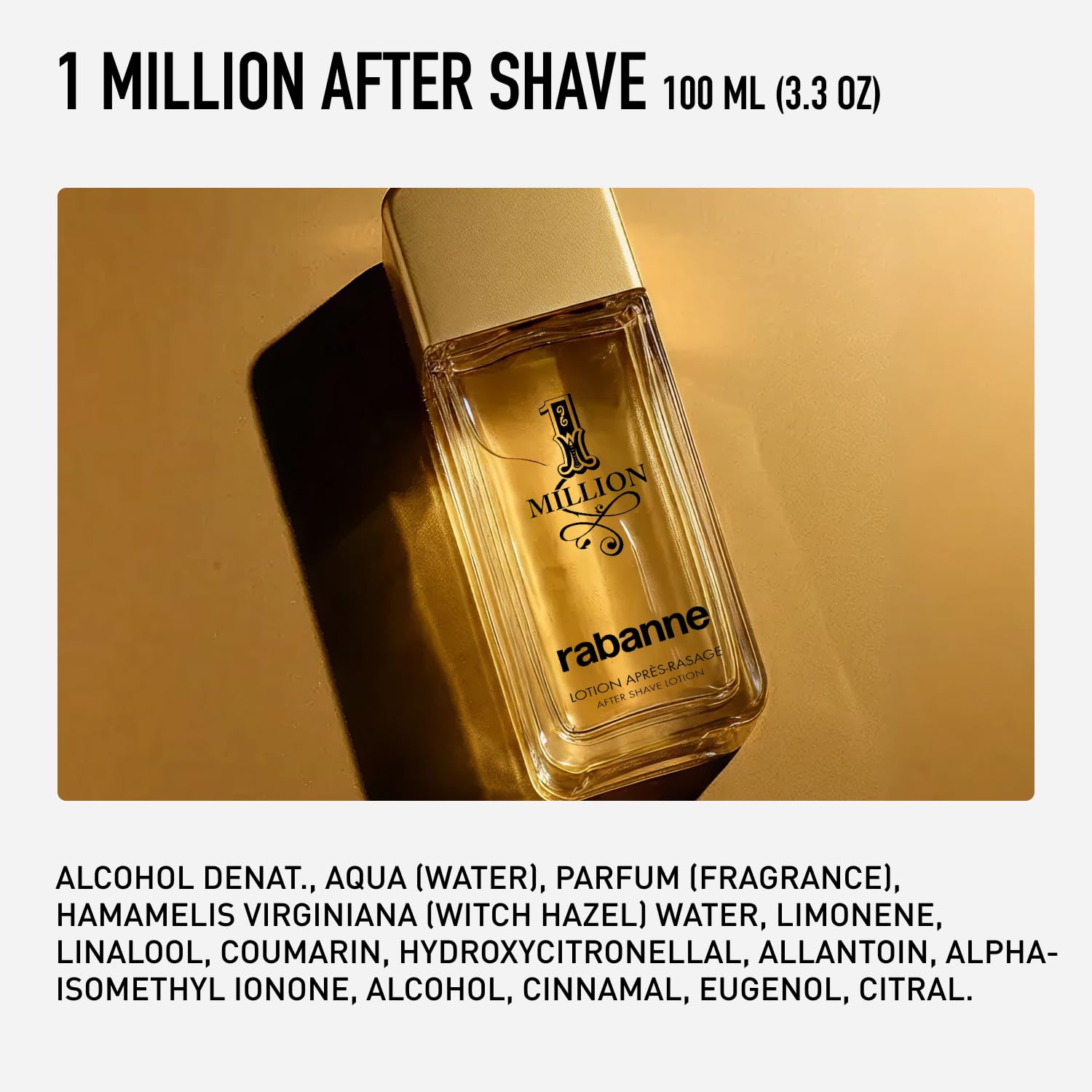 Rabanne 1 Million Aftershave Lotion for Men - Soothing Balm with Witch Hazel & Allantoin - Alcohol-Free Men's Aftershave with Spicy Leather Scent, 3.3 oz