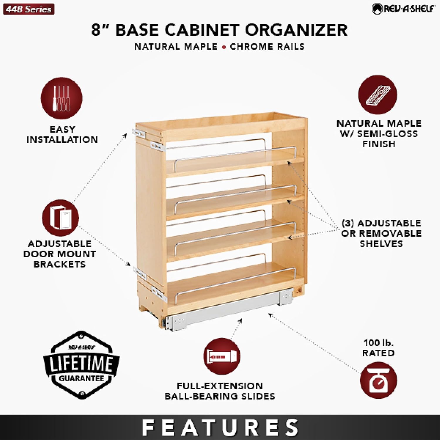 Rev-A-Shelf Pullout Kitchen Cabinet Organizer, Min Cabinet Opening 8.5" W | 8" W Slide Out Pantry Spice or Utensil Storage Rack with Adjustable Shelves for Base Cabinet Organization, 448-BC-8C
