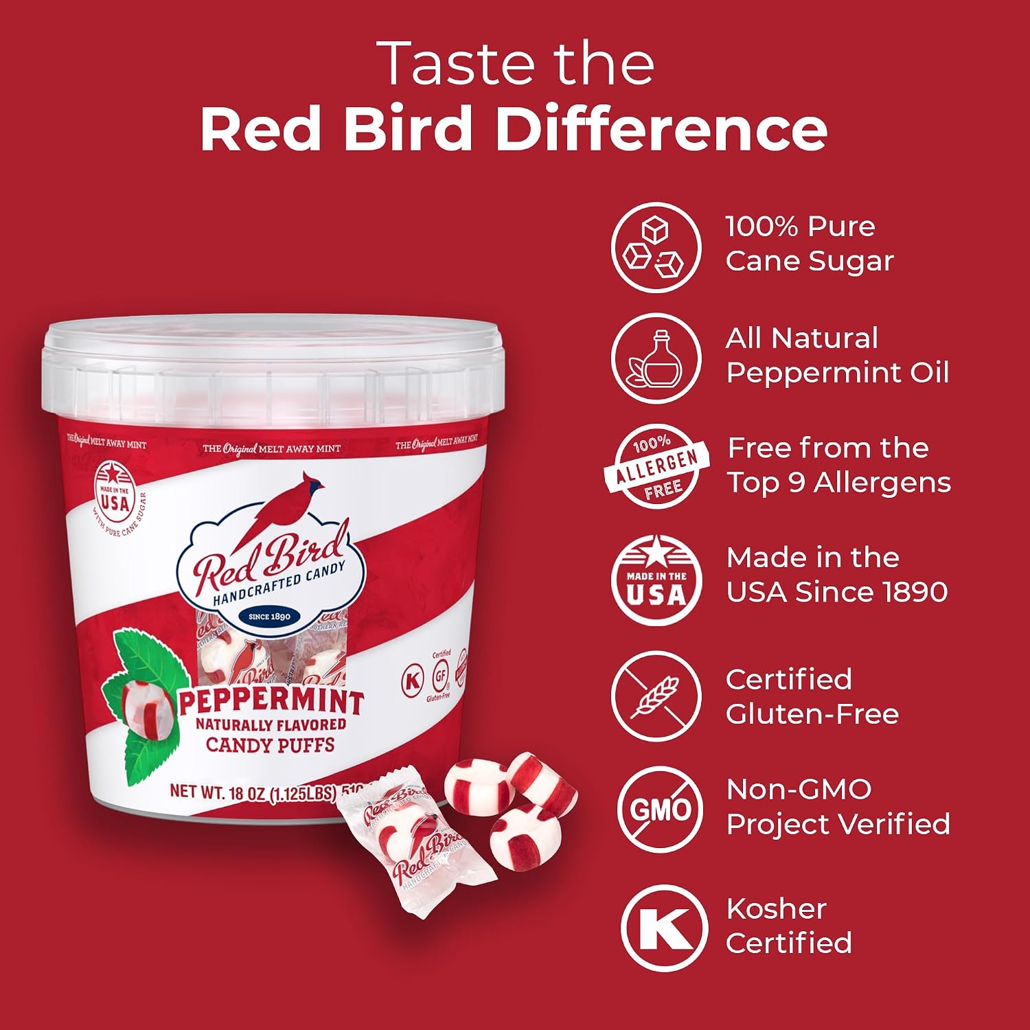 Red Bird Soft Peppermint Candy Mint Puffs, Individually Wrapped, 46 oz bag | Top 9 Allergen Free