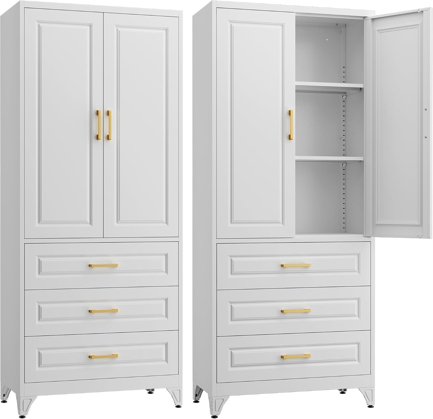 Steeloong 71"Metal Pantry Storage Cabinet with Doors & 4 Adjustable Shelves | Kitchen Pantry Cabinet,White Kitchen Cabinet with 2 Gold Handles,Tall Cabinet for Livingroom,Pantry, Bathroom,Kitchen