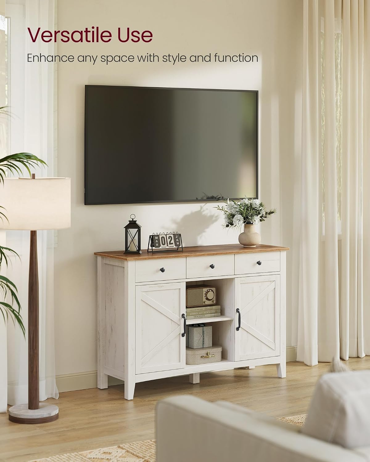 VASAGLE LIRY Collection - Storage Cabinet, Buffet Cabinet, Sideboard, Credenza, with Adjustable Shelves, for Entryway, Rustic White and Honey Brown ULSC381W01