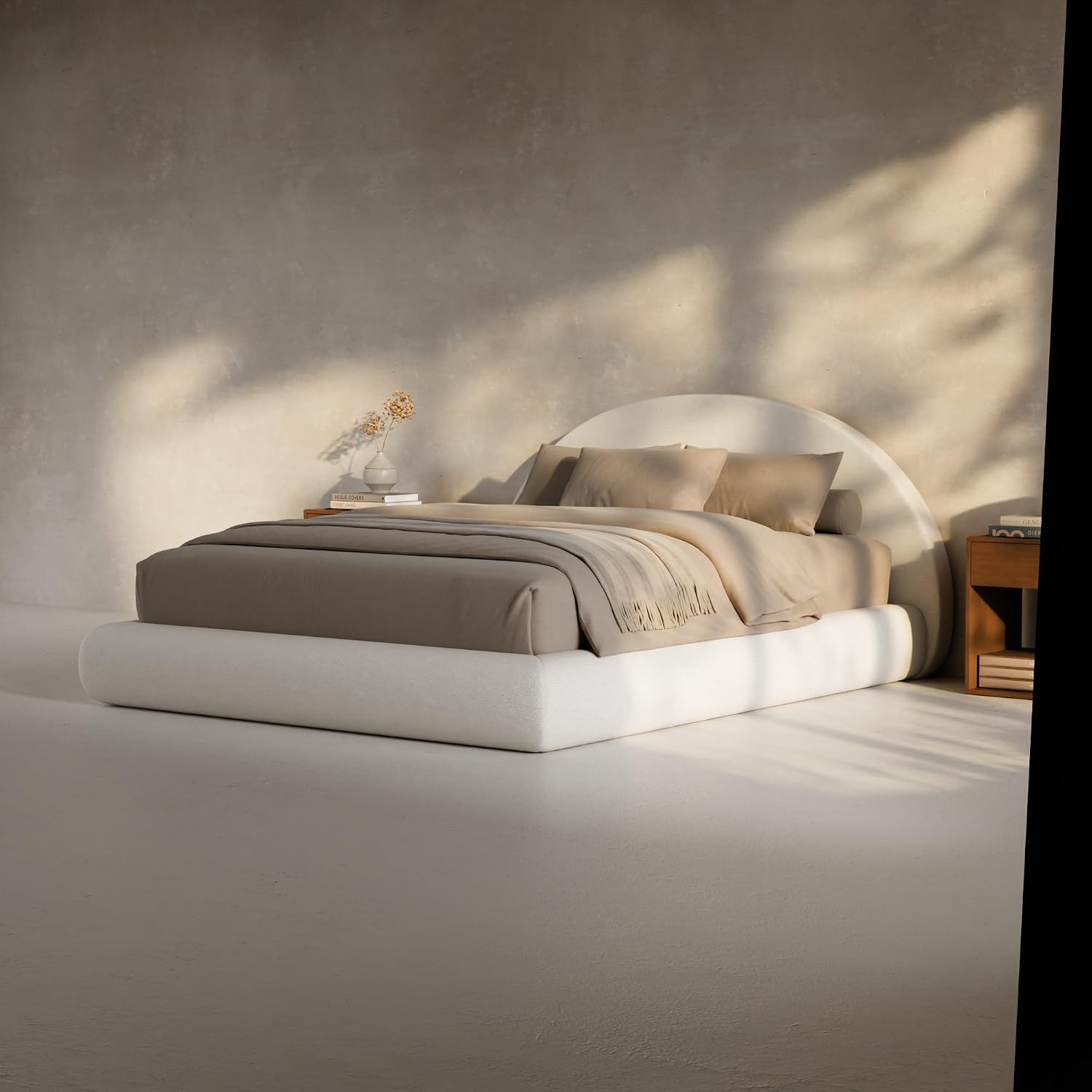 RECCI AirFrame Half-Moon Upholstered Queen Platform Bed Frame | Velvet Curved Arched Base, 6-Inch Thickness Headboard, 5 Inch Fully Round Cushioned Foam, No Box Spring Needed, Easy Assembly