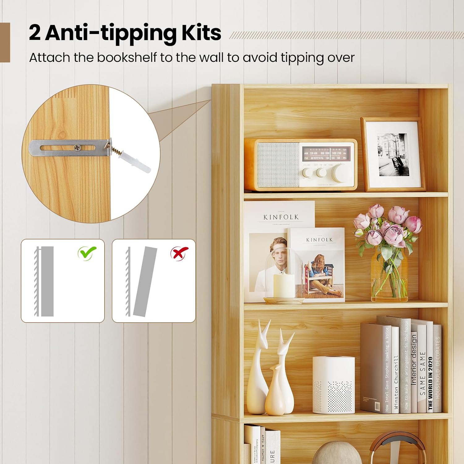 Giantex 8-Cube Bookcase, 3-Tier Cubby Bookshelf, Horizontal Vertical Display Rack with Anti-Tipping Kits, Modern Storage Organizer Shelf Unit for Bedroom, Living Room, Study (Natural, 8-Cube)