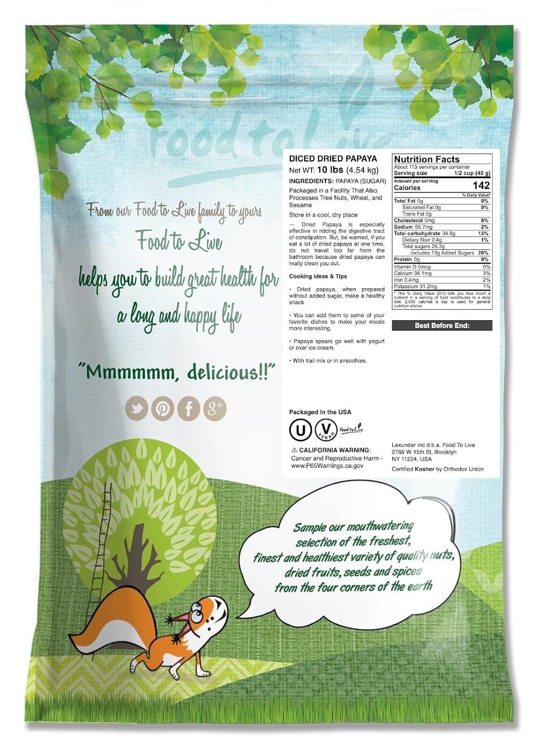 Food to Live Dried Diced Papaya, 10 Pounds Kosher, Vegan, Sweetened, Unsulfured, Bulk