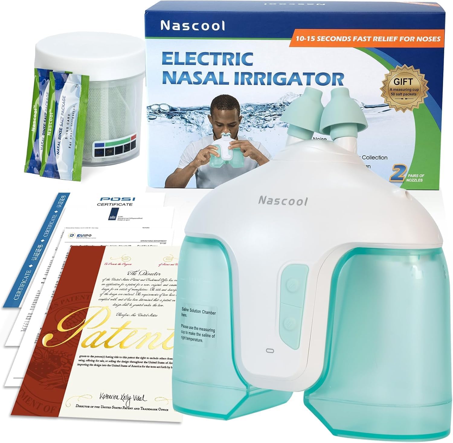 Nascool Electric Nasal Irrigation System Sinus Rinse Nose Cleaner for Adult | Comes with 50 saline packets, 2 Pairs of Nozzles