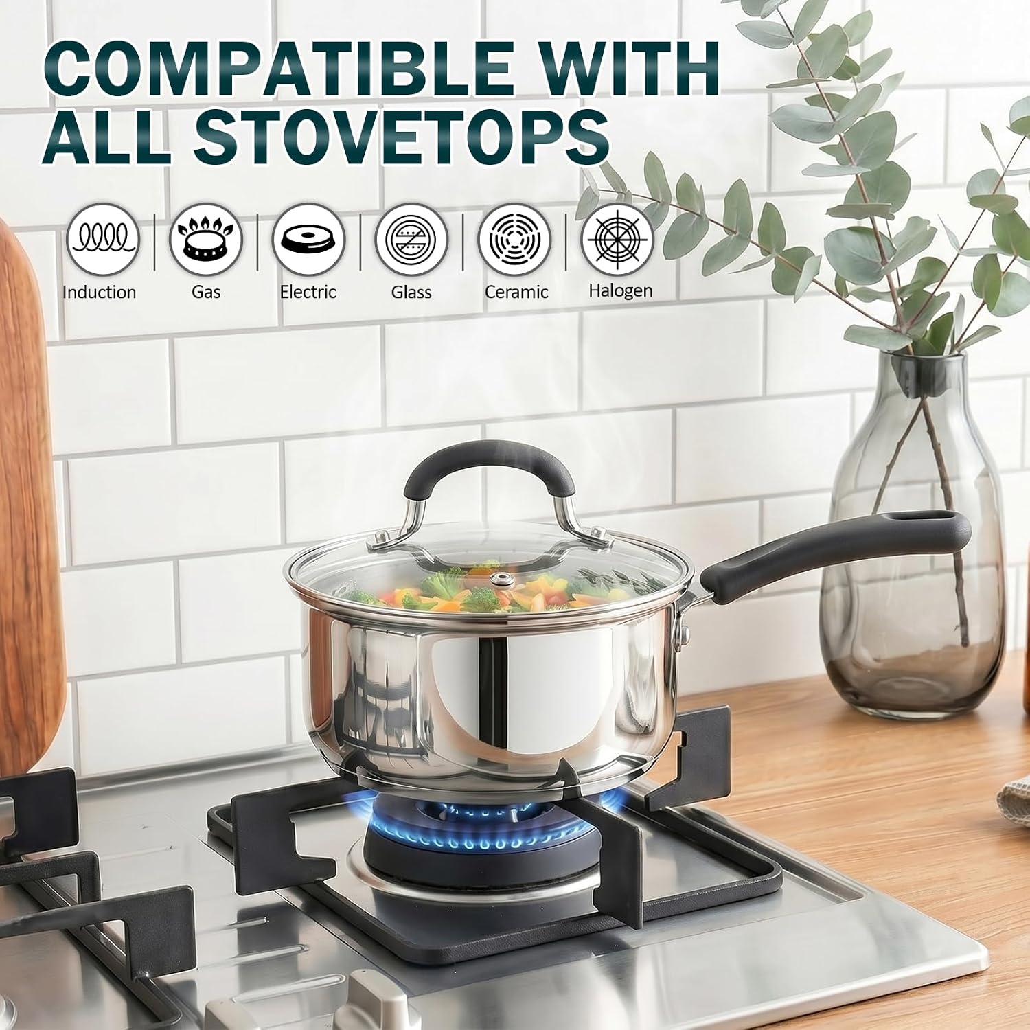 Cook N Home Professional 2 Quart Stainless Steel Saucepan with Lid, Small Kitchen Induction Cooking Sauce Pot Pan, Stay-Cool Silicone Handle, Dishwasher Safe