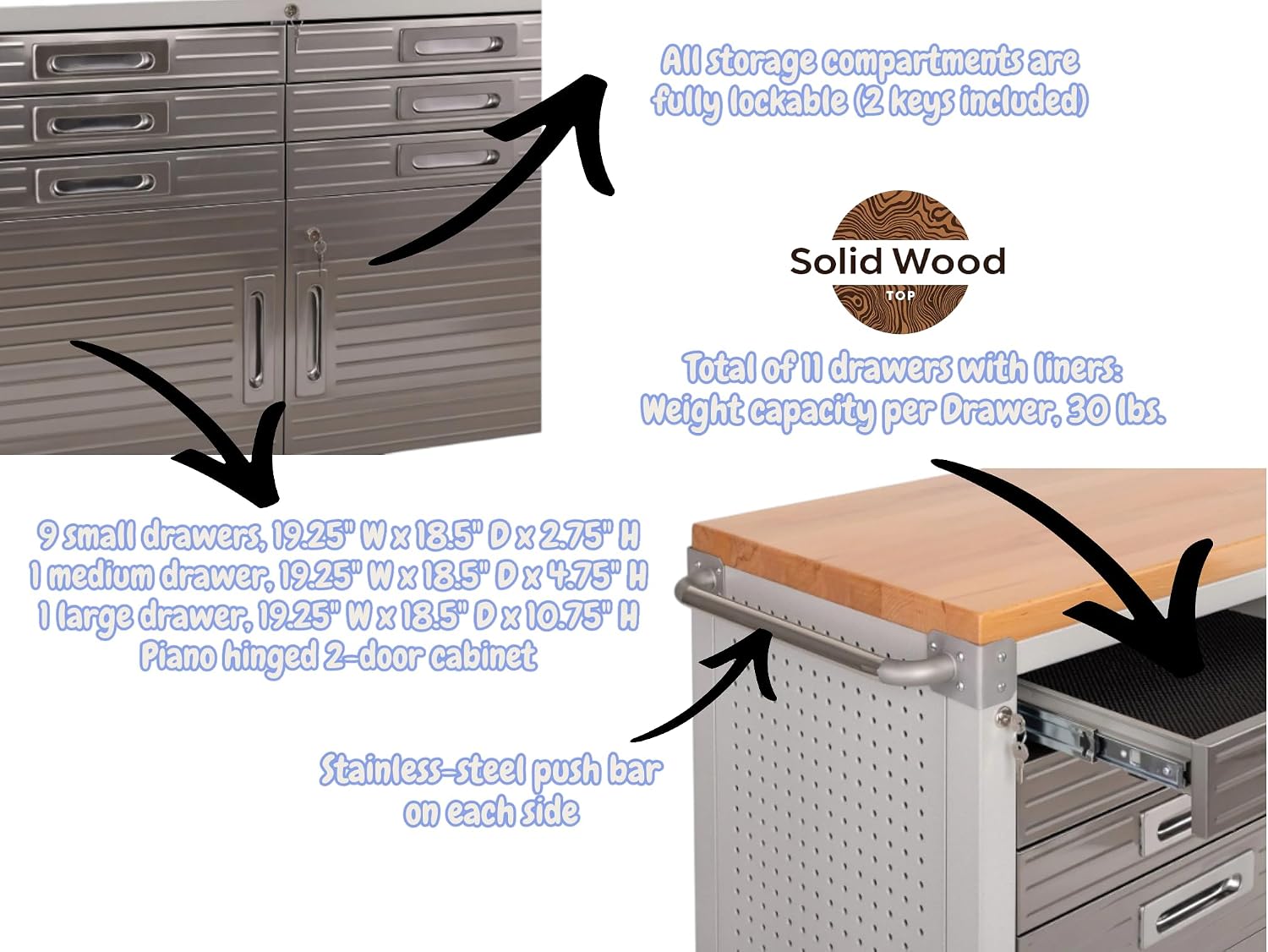 Heavy-Duty Rolling Workbench with Drawers and Cabinet, 77" W x 20" D x 37.5" H, (Red, 11 Drawer)