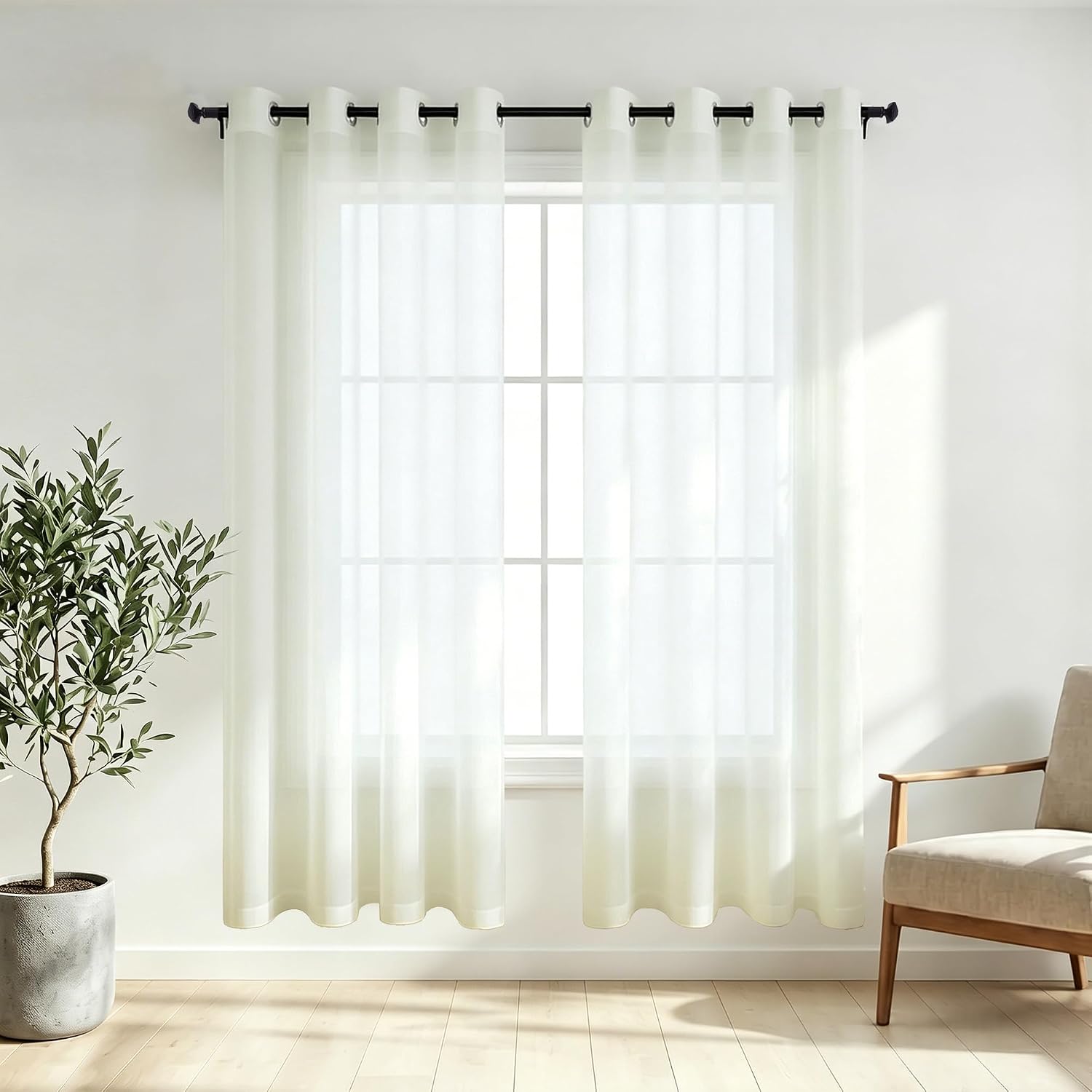 KOUFALL White Sheer Curtains 72 Inches Long for Bedroom Set of 2 Panels Grommet Faux Linen Window Voile Semi Baisc Decorative Sheer Curtains for