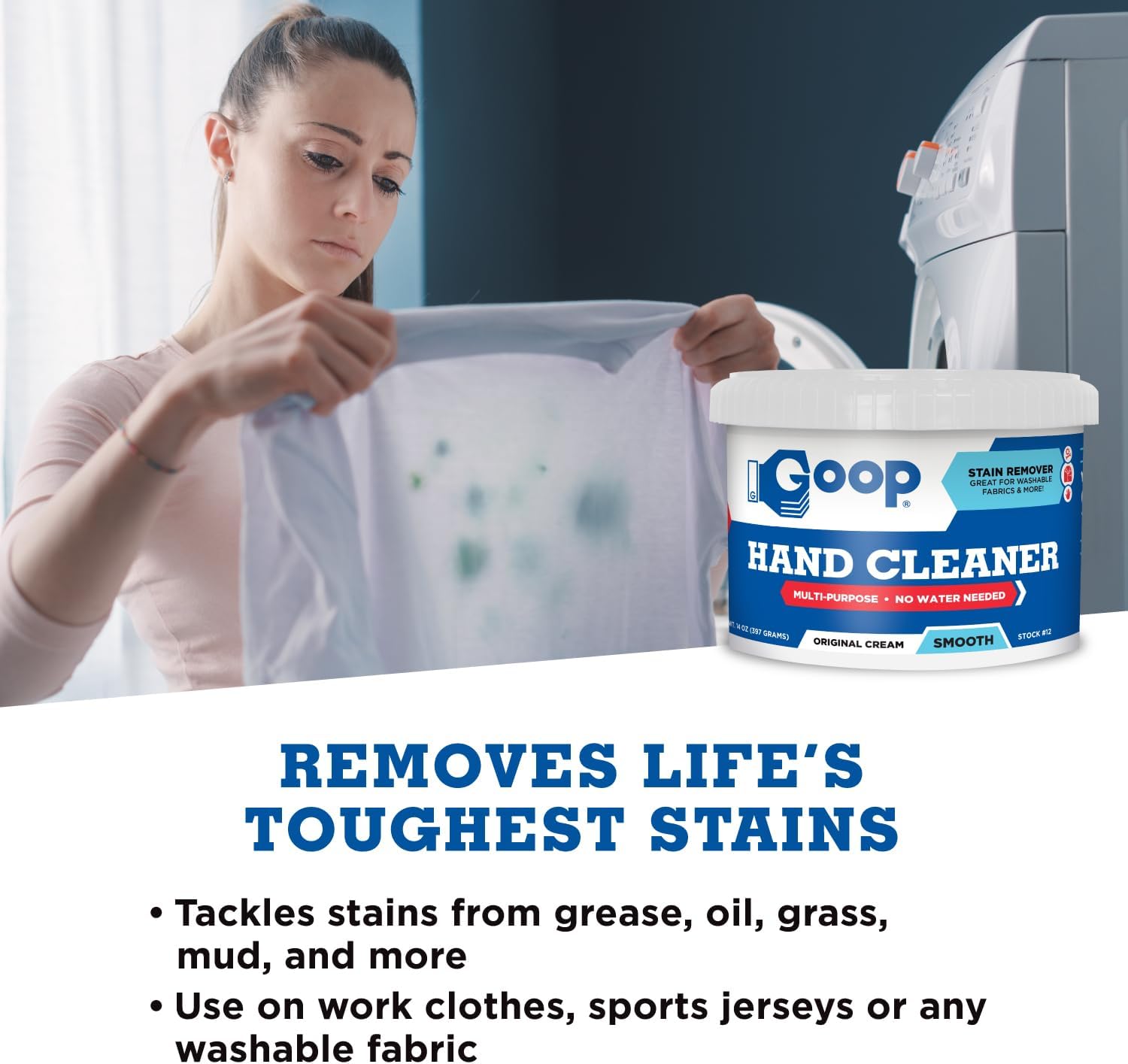 GOOP Multi-Purpose Hand Cleaner- Waterless Hand Degreaser, Laundry Stain Remover - NonToxic and Biodegradable Cleaner Remove Dirt, Oil, Paint, Ink, and Clothes Stains Original, 14oz Pack of 1