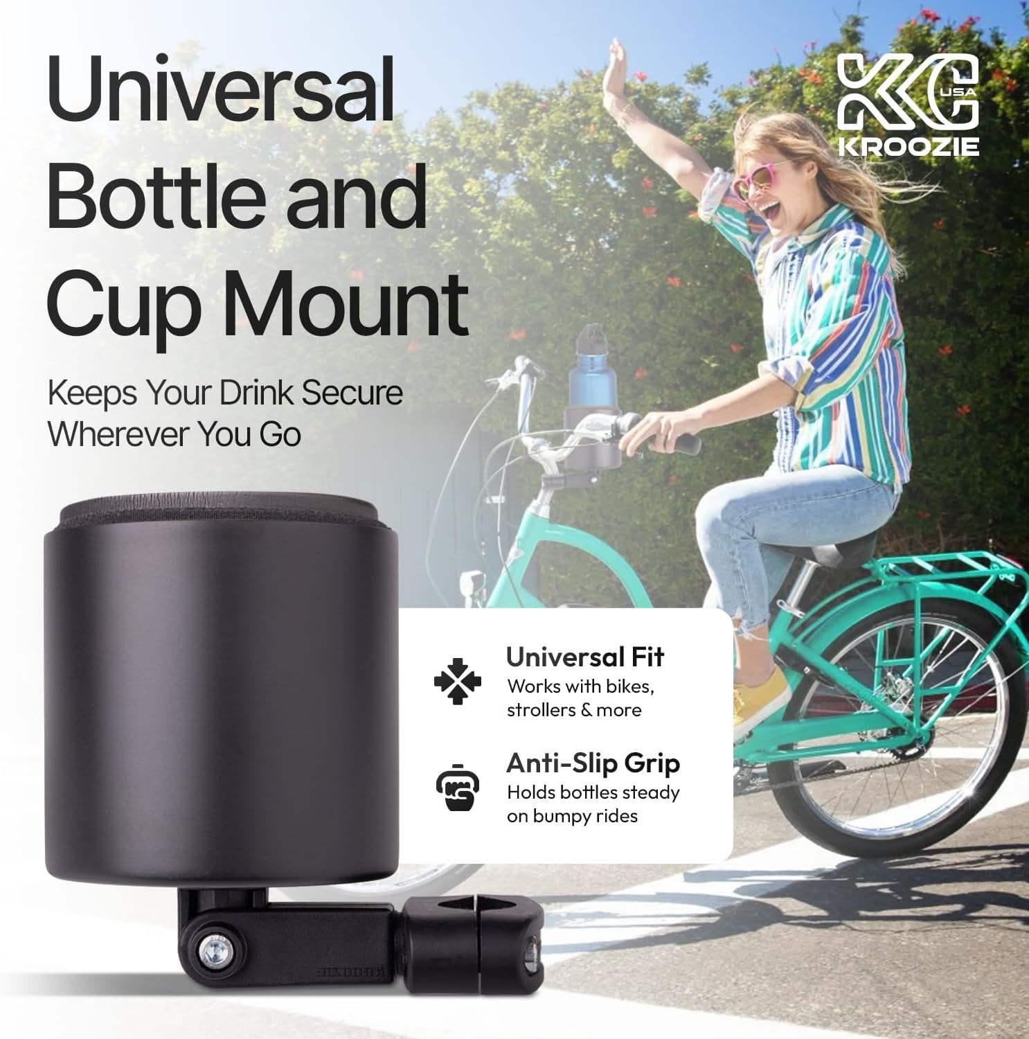 Kroozie Deluxe Bike Bottle Holder – Universal, Stainless Steel Bike Cup Holder for Handlebars – For Vertical or Angled Bars & Drinks up to 48 Oz. – Stroller, Cruiser, & Ebike Accessories
