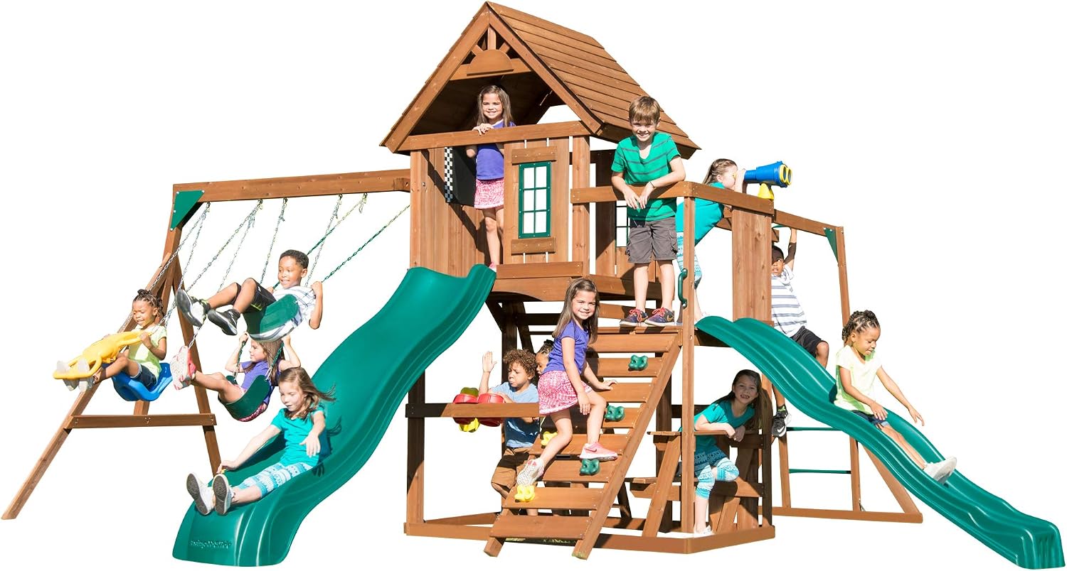Swing-N-Slide WS 8354 Knightsbridge Super Wooden Swing Set with Two Slides, Play Set, Monkey Bars, Climbing Wall, Music Play & Climbing Wall, Wood