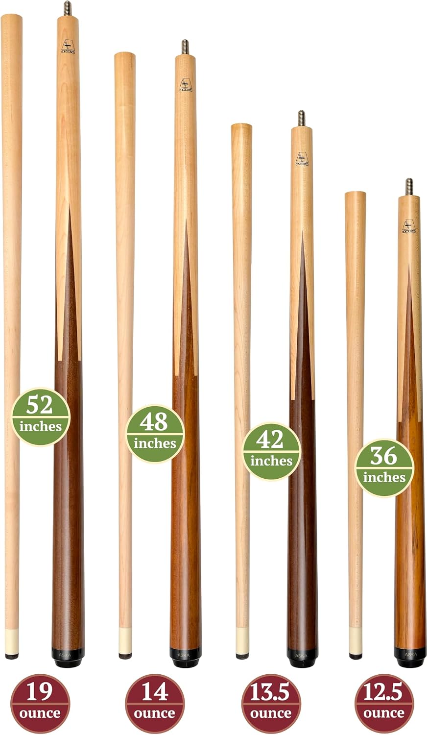 ASKA Short Pool Cue Set of 4, Sneaky Pete Bar Cues, Malaswood Spliced Maple, Hard Rock Maple Shaft, 13mm Tip, 36 42 48 52 Inch Mixed Length