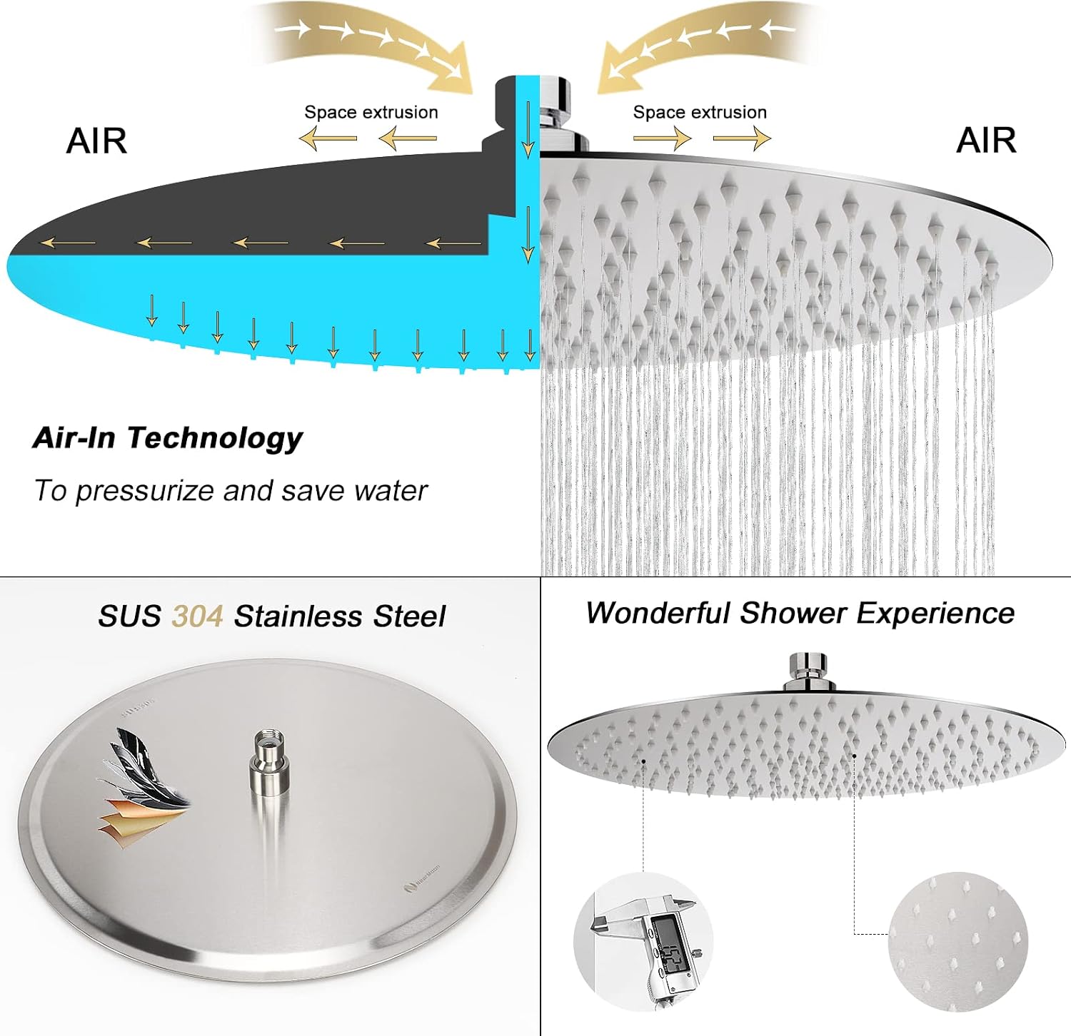 NearMoon Rain Shower Head, Ultra-Thin Design-Pressure Boosting, Awesome Some Experience, High Flow Stainless Steel Rainfall Head (10 Inch