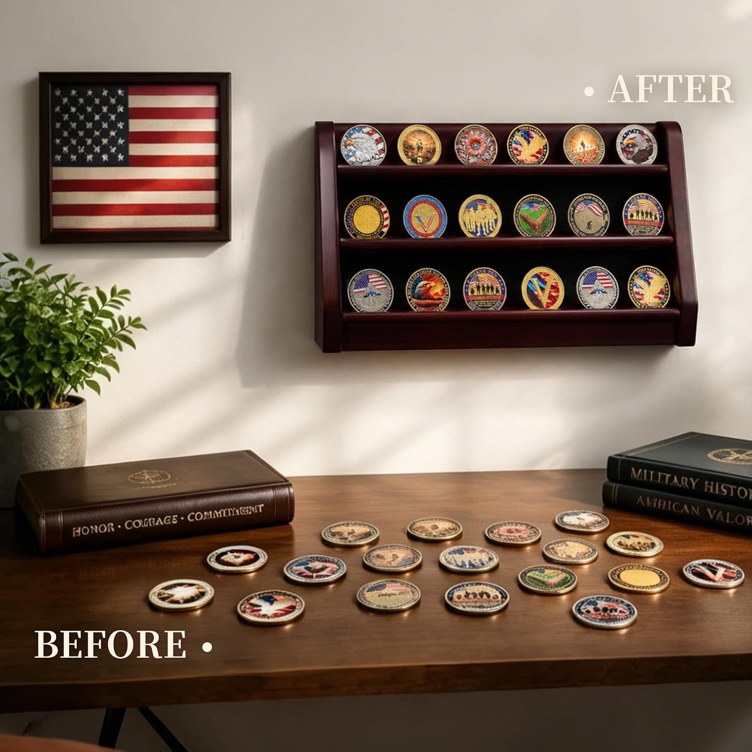 ASmileIndeep 3 Rows Wooden Challenge Coin Wall Display Stand - Military Coin Holder Army Coins Rack, Holds 21-24 Coins, Mahogany