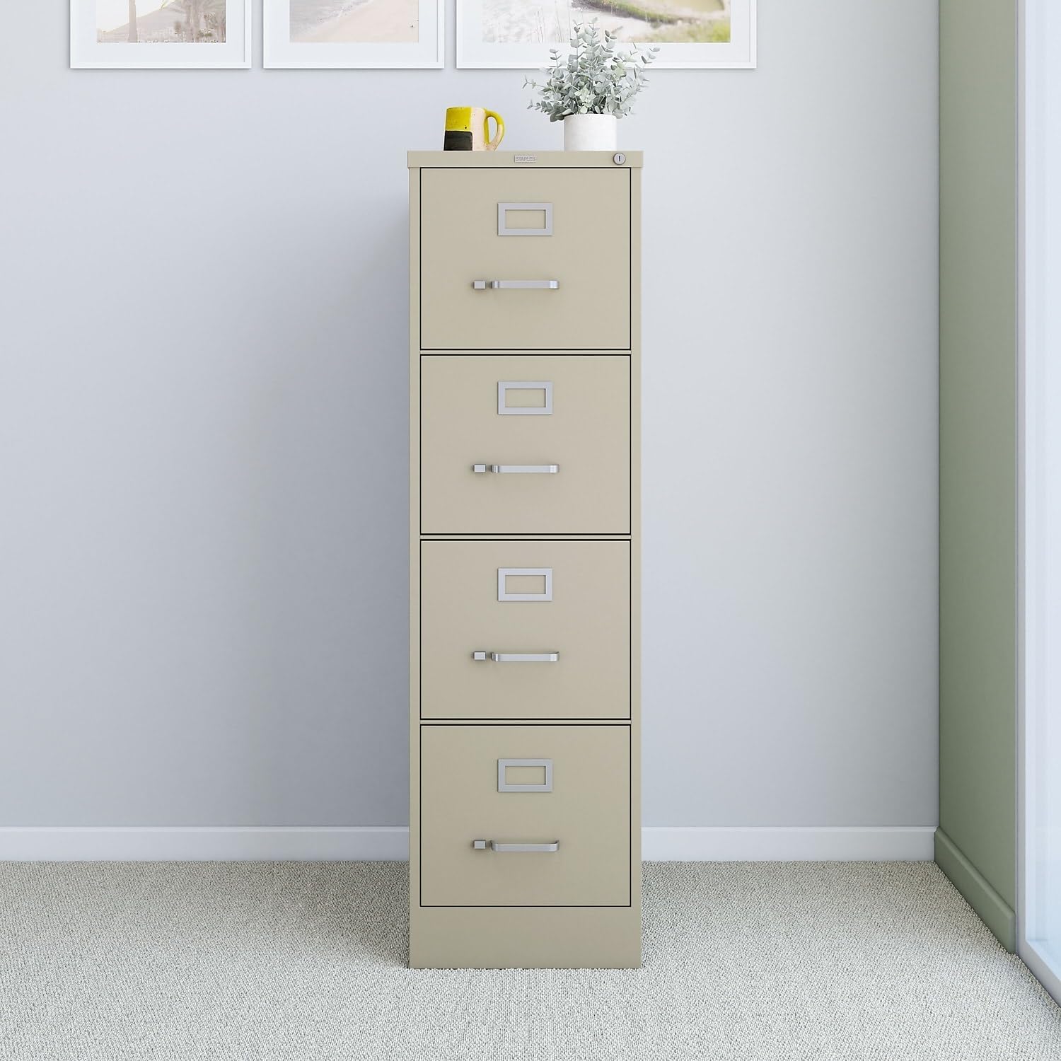 Staples 4-Drawer Vertical File Cabinet, Letter Size Documents, Lockable, 26.5" D x 15" W x 51.97" H, Putty/Beige