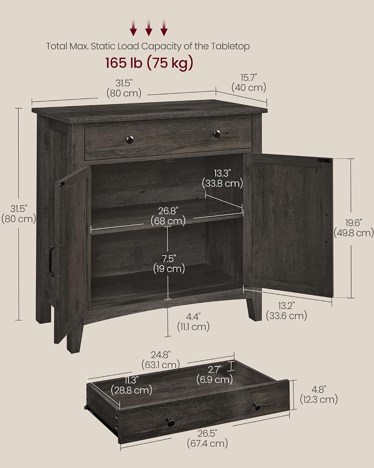 VASAGLE LIRY Collection - Storage Cabinet, Buffet Cabinet, Sideboard, Credenza, with Adjustable Shelves, for Entryway, Rustic White and Honey Brown ULSC381W01