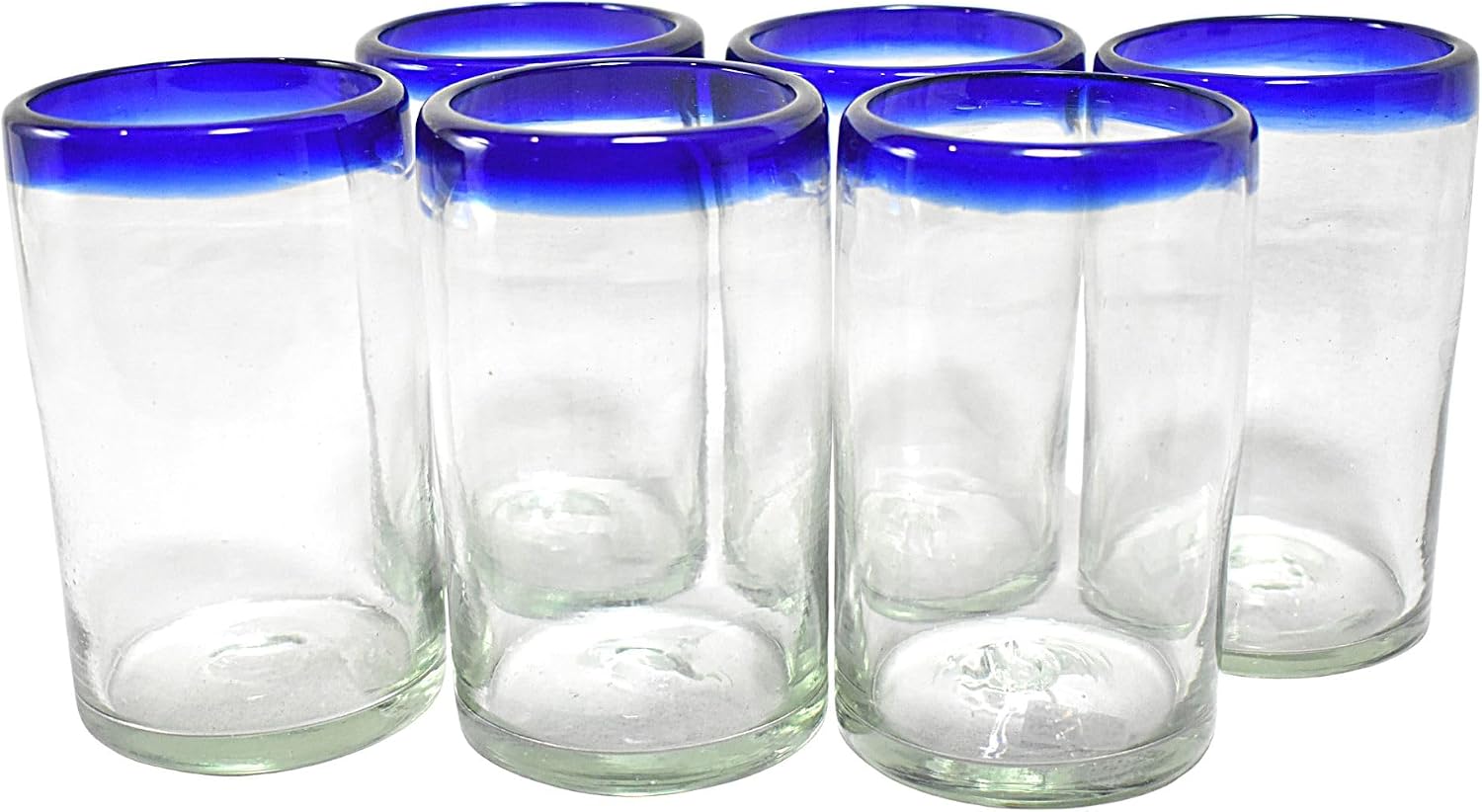 MAREY Hand Blown Drinking Glasses Artisan Crafted from Mexico Set of 6 pieces (Cobalt Blue Rim, Water 16 Oz.)