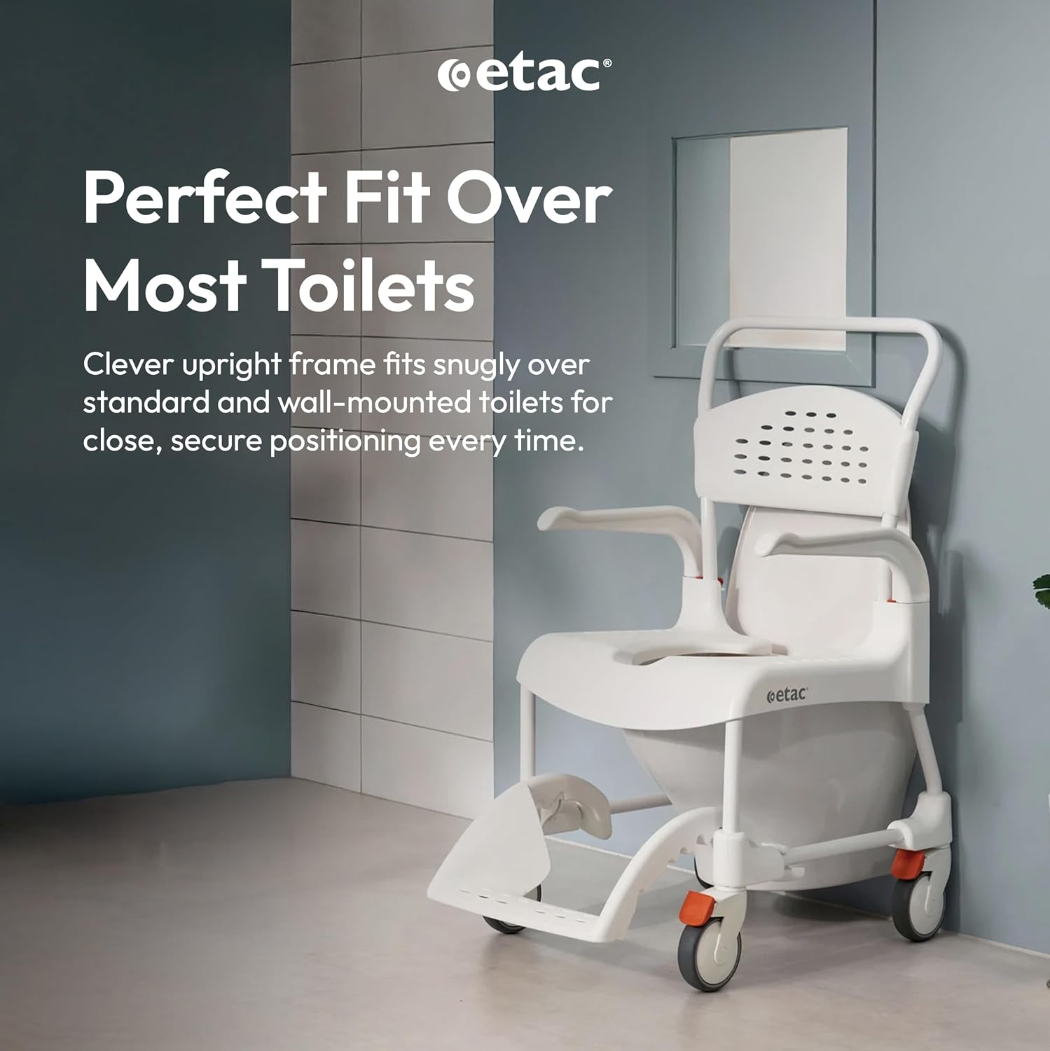 Etac Clean 24" Self-Propelled Shower Chair with Wheels - 21 3/4 Inch Fixed Height with 24 Inch Rear Wheels - Shower Wheelchair for Elderly and Disabled - Movable Armrest & Ergonomic Footrest