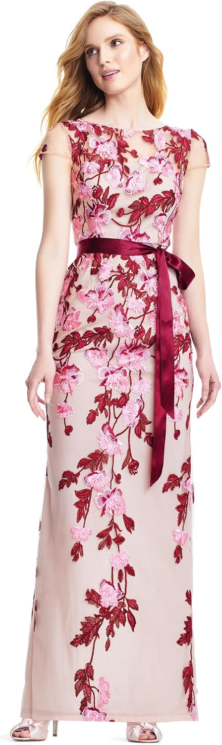 Adrianna Papell Cascading Floral Embroidered Long Column Gown