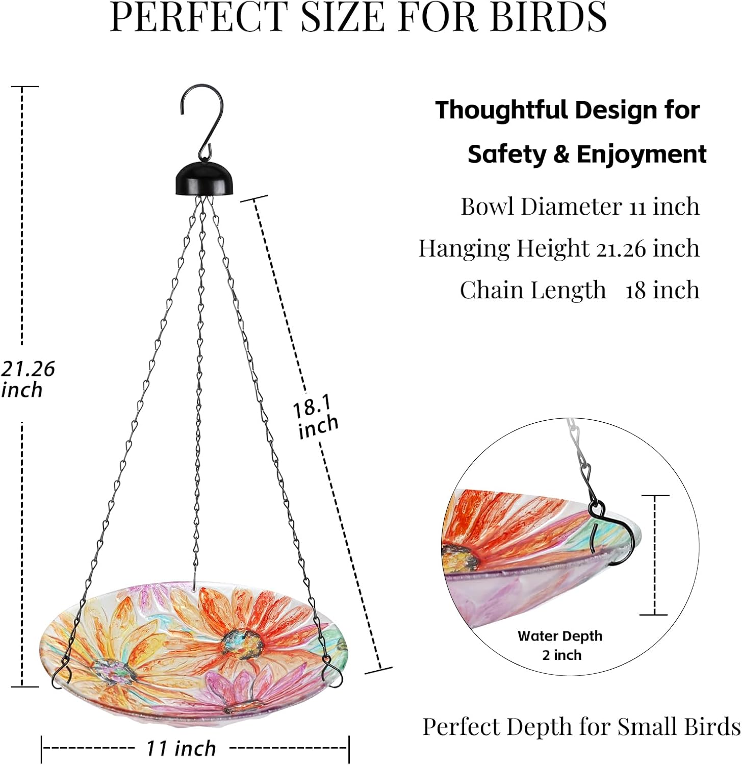 VCUTEKA Hanging Bird Baths Outdoor Glass Birdbath Feeder for Garden Decor