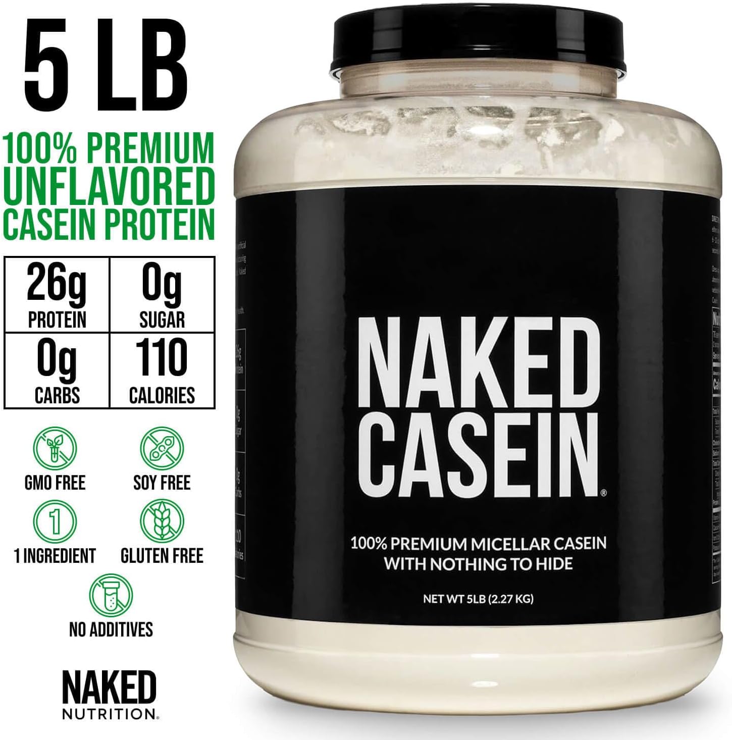 NAKED Casein - Vanilla Micellar Casein Protein - 5 Pound Bulk, NSF Certified, GMO-Free, Gluten-Free, Soy-Free, Preservative-Free - Stimulate Muscle Growth - Enhance Recovery - 61 Servings
