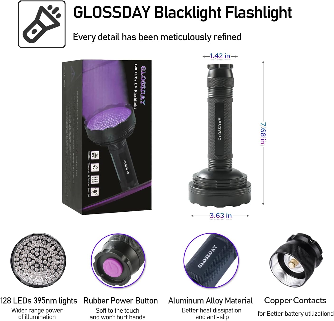 GLOSSDAY Blacklight Flashlight,128 LED UV Flashlights, Upgraded Bright Ultraviolet Flashlight Professional Black Light for Dog/Cat, Hunting Scorpions