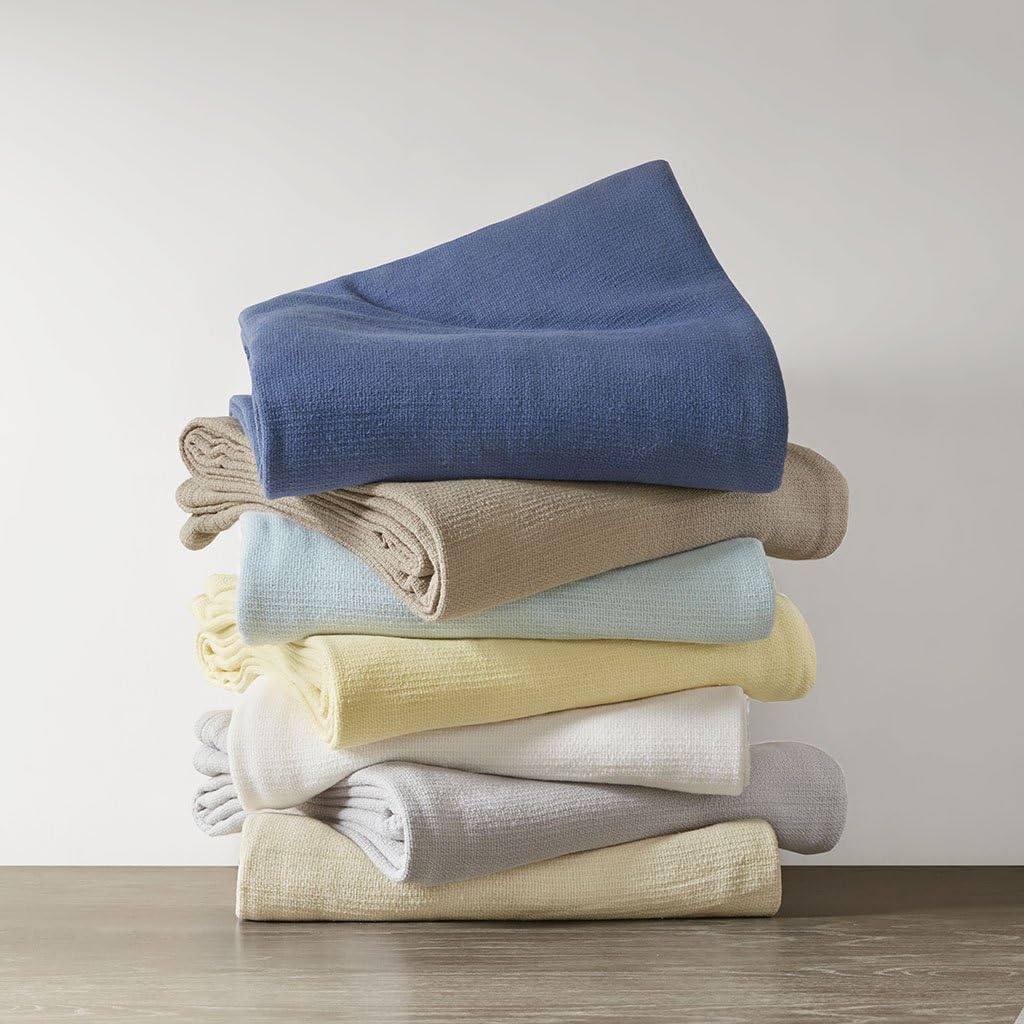 Madison Park 100% Cotton Breathable Queen Size Blanket for Bed, Blue | Freshspun Basketweave, All Season, Farmhouse Classic Bed Cover Full for Summer, OEKO TEX, Warm Home Essential For Couch, Sofa