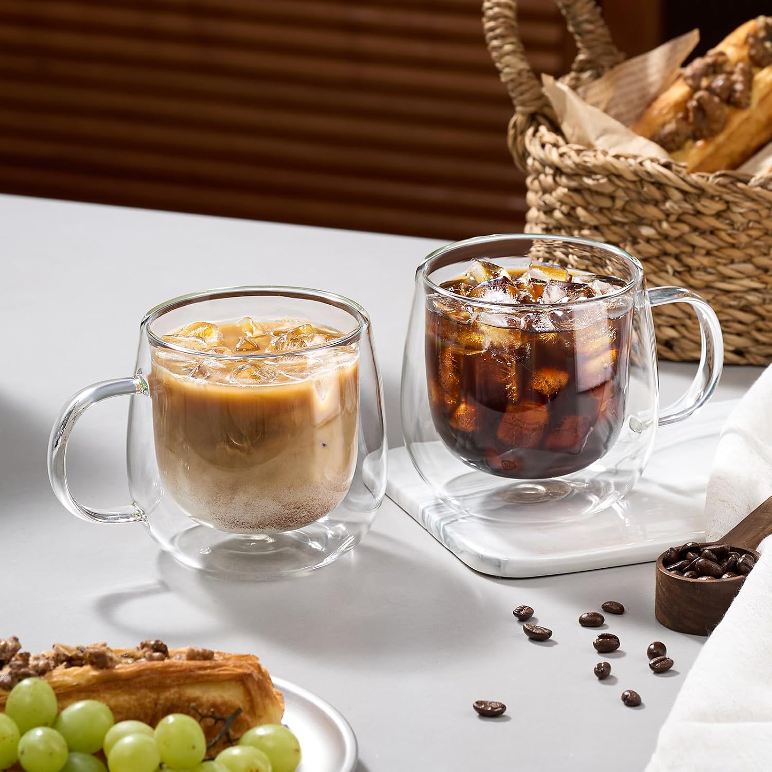 4 Pack Double Walled Glass Coffee Mugs, 16 oz Large Insulated Clear Coffee Cups with Handle, Cappuccino Mug for Espresso, Latte, Americano, Tea Bag