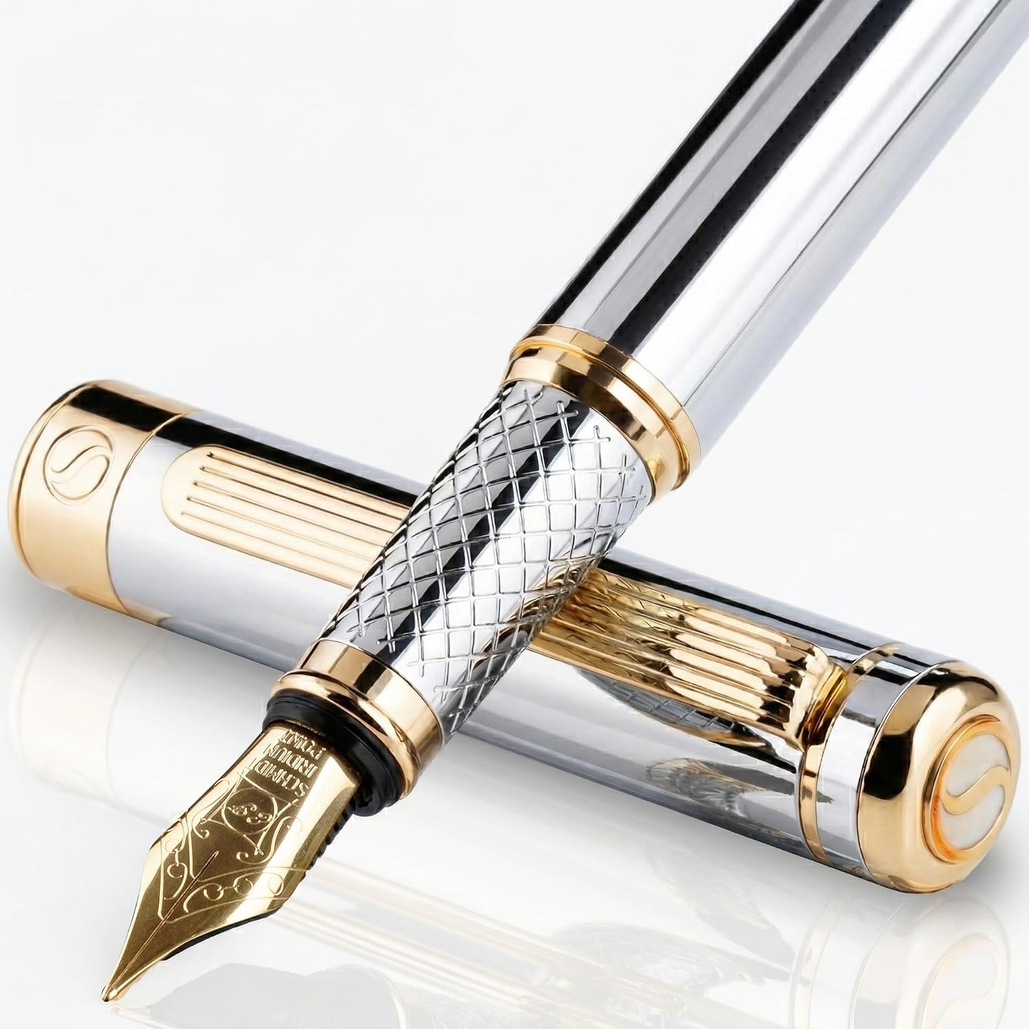 Scriveiner Silver Chrome Fountain Pen - Stunning Luxury Pen, Real Gold Finish Schmidt Gilded Nib (Medium), Best Pen Gift Set for Men & Women