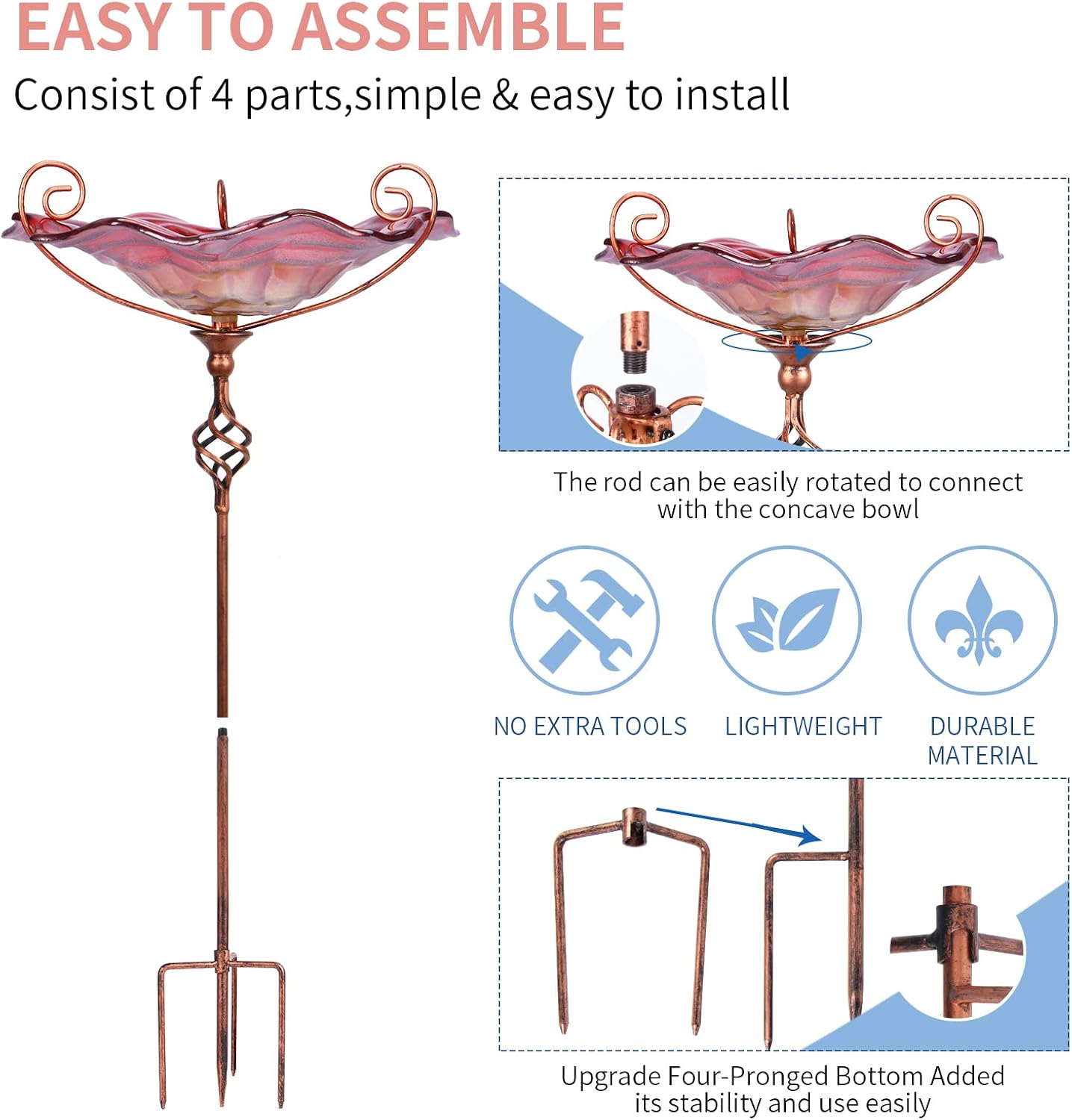 VCUTEKA Glass Bird Bath Outdoor Birdfeeder with Metal Stake Garden Decor