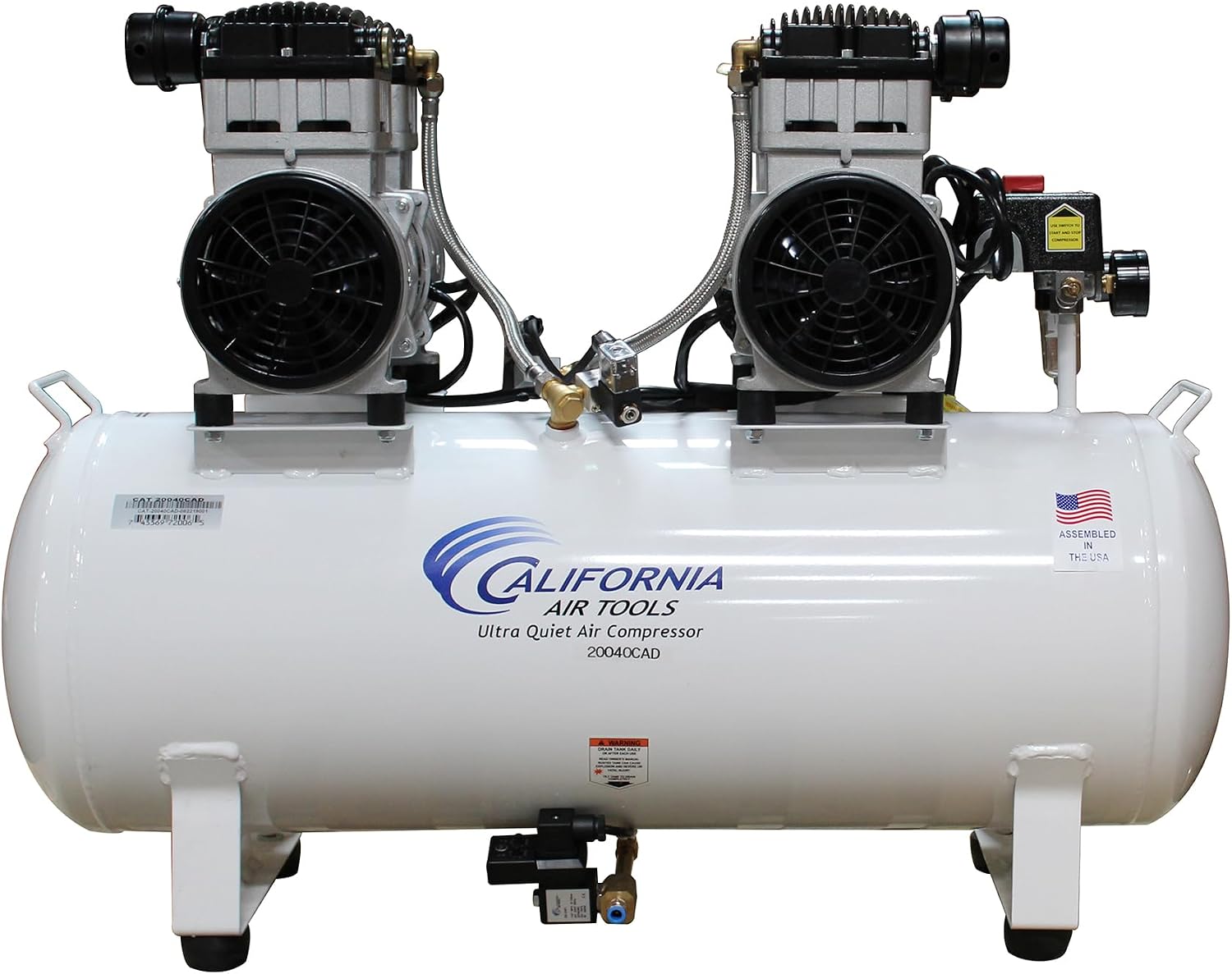 California Air Tools 20040CAD Powerful 4.0 HP Ultra Quiet and Oil-Free Air Compressor, 20 Gallon Tank, 75 dB Noise Level, White, 220v 60hz, with Automatic Drain Valve