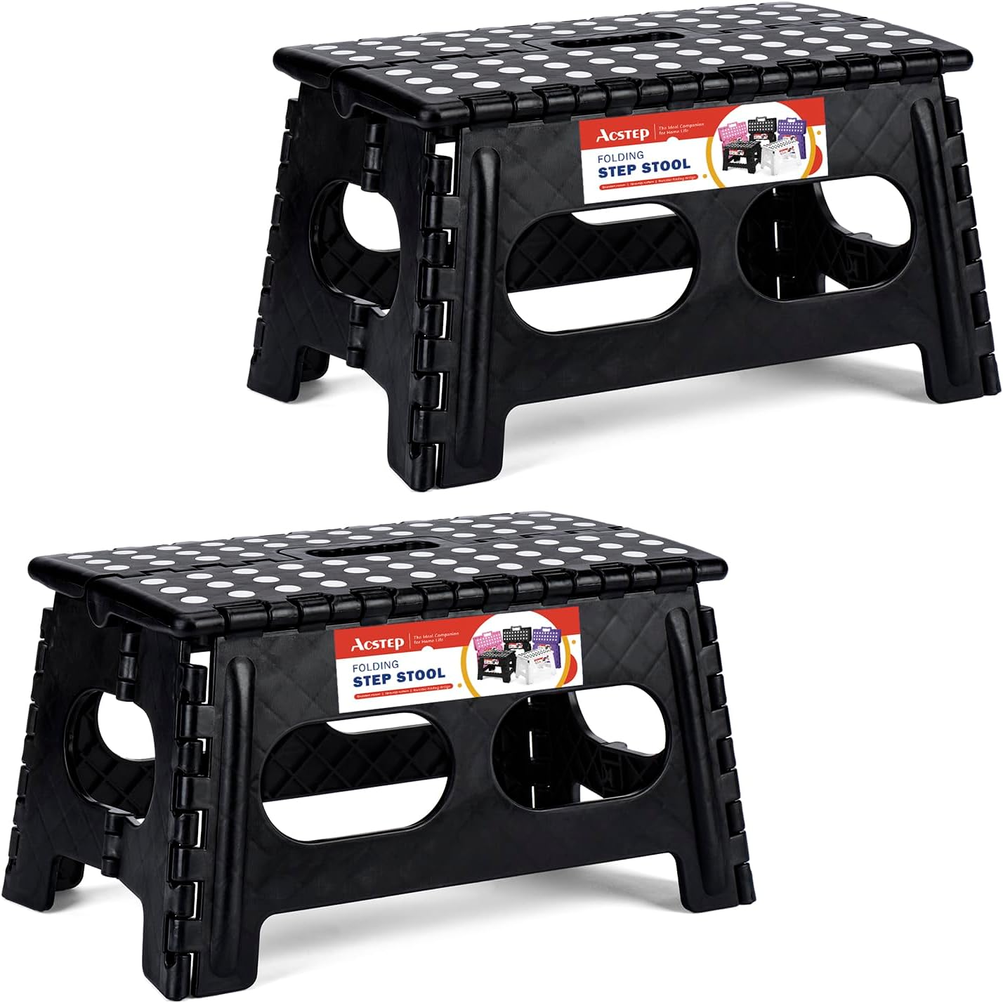 11 Inch Folding Step Stool for Kids, Non-Slip Foldable Stools, Black | Heavy Duty Collapsible Foot Stool, Lightweight with Built-in Handle, Holds 300 lb for Adults Kitchen Bathroom Bedroom Outdoor