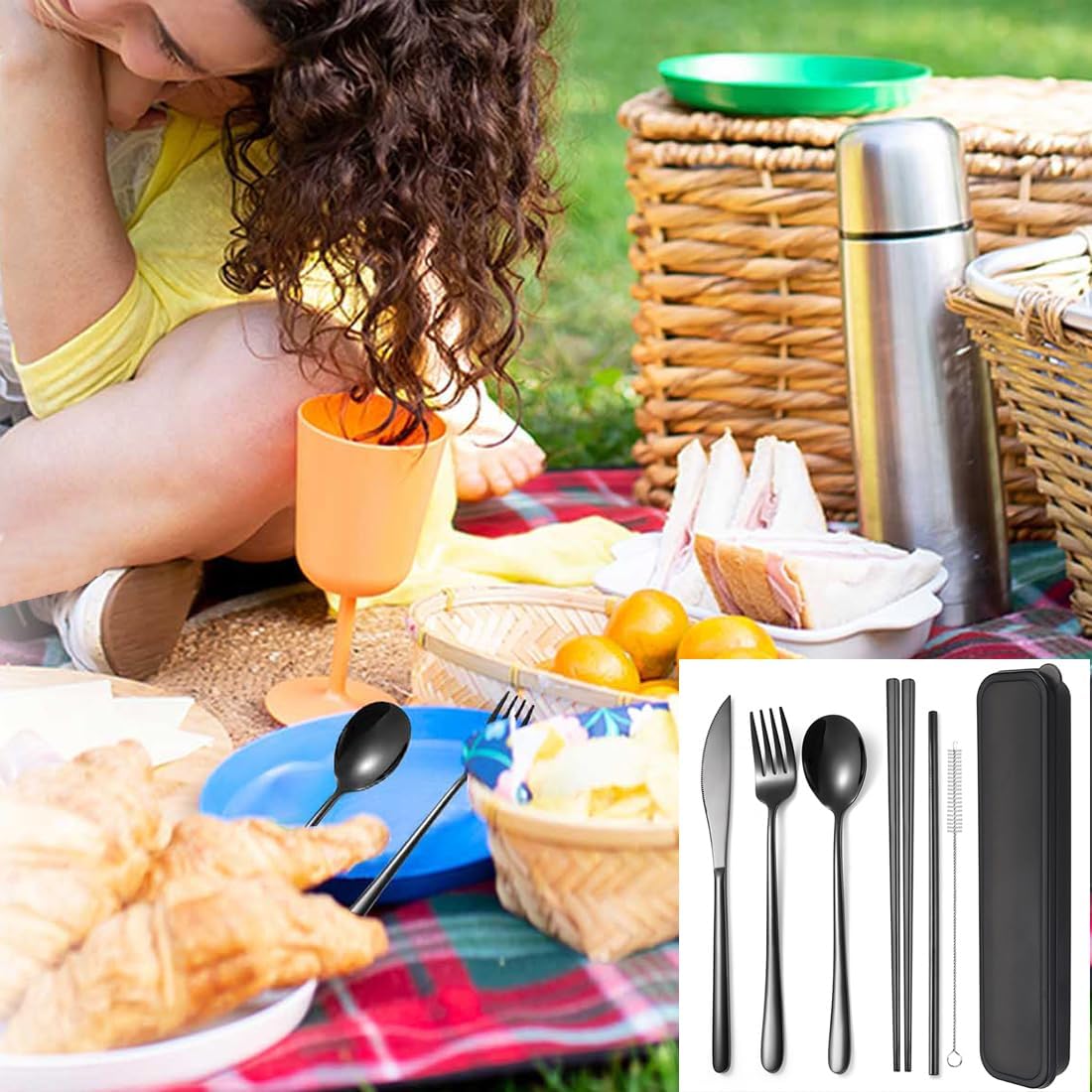 AARAINBOW 6 Pieces 18/8 Stainless Steel Flatware Set Portable Reusable Cutlery Set Travel Utensils Set Including Chopsticks Knife Fork Spoon Straws