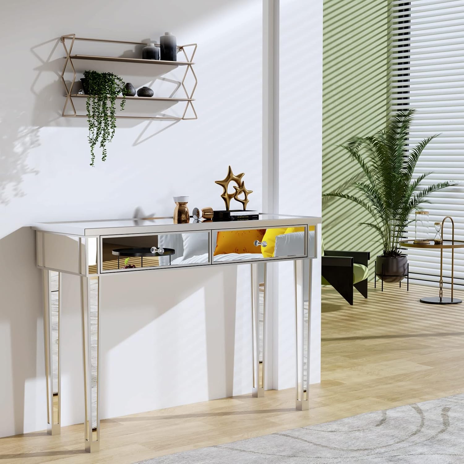 Bonnlo Mirrored Console Table with 2 Drawers for Entryway/Hallway Silver Bedroom Desk Sofa Tables for Living Room