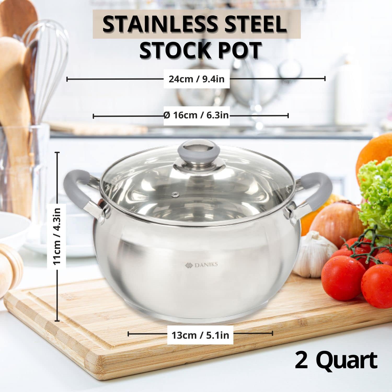 Daniks Modern 4 Quart Stainless Steel Stock Pot with Glass Lid, Tri-Ply Bottom for Even Heating, Induction Compatible, Dishwasher Safe