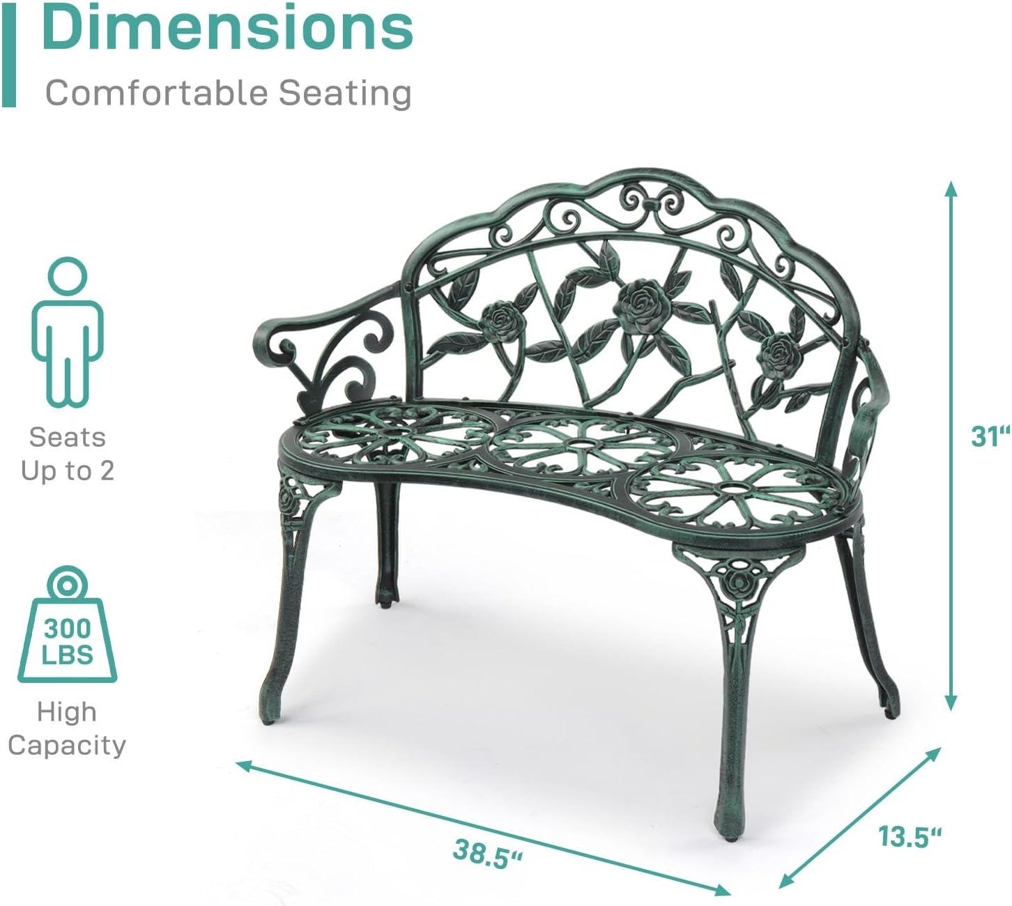 VINGLI 38.5" Patio Park Garden Outdoor Metal Rose Bench, 2-Person Cast Iron Cast Aluminium Frame Antique Finish Chair,Accented Lawn Front Porch Path Yard Decor Deck Furniture (Bronze, Rose)