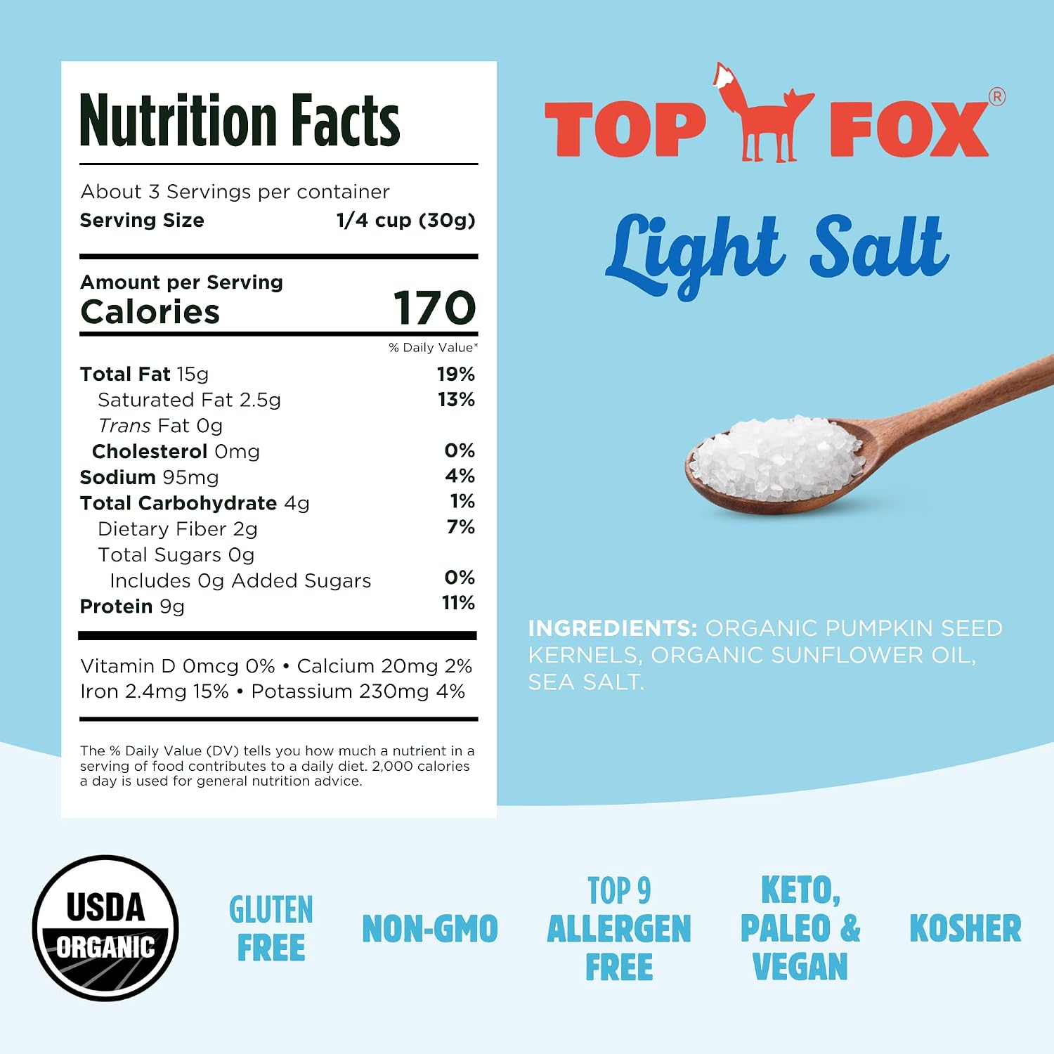 Top Fox Snacks - Organic Pop-Roasted Pumpkin Seeds | Healthy Protein Snacks - Gluten Free - Keto and Vegan Friendly (Himalayan Salt, 3.5 oz - 2 Pack)