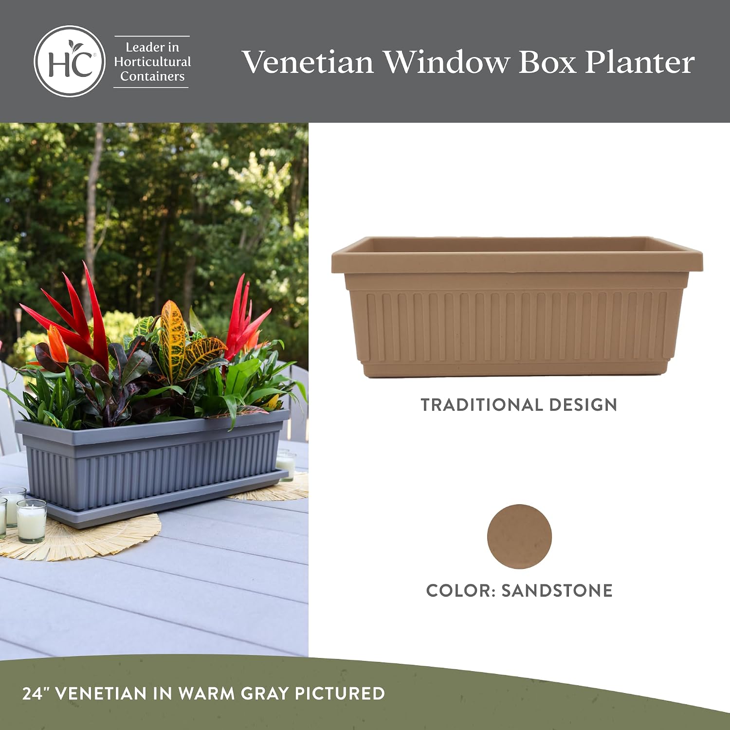 The HC Companies Venetian Window Planter Box w/Drain Plug - Long Planter Box for Windowsills, Balconies & More - Plastic Rectangular Outdoor Planters for Herbs & Flowers (18" Clay, Pack of 1)