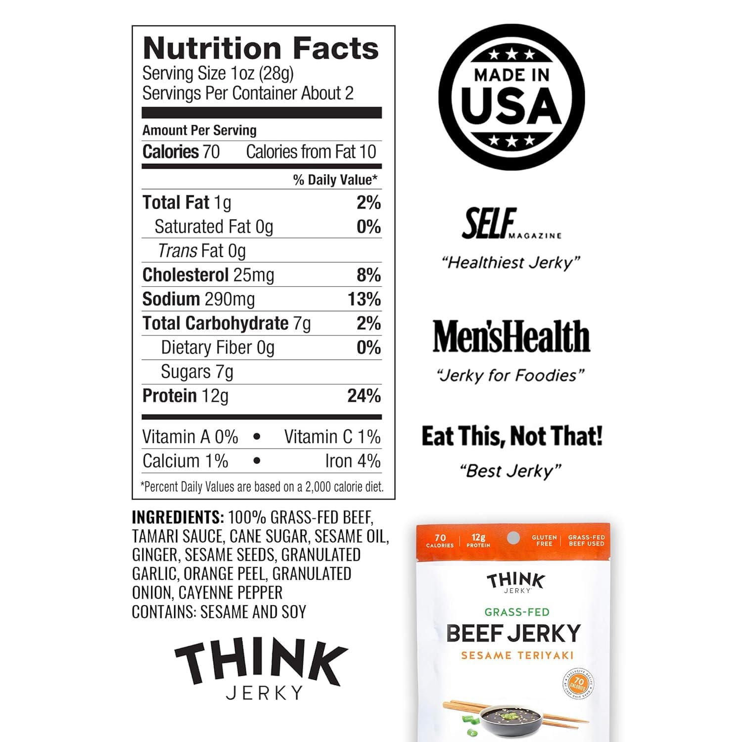 Think Jerky Sesame Teriyaki Beef Jerky, Grass-Fed High Protein Beef Jerky, Gluten Free, No Antibiotics or Nitrates, Healthy Chef Crafted Recipe, Low Calorie and Low Fat - 2.2 oz Bags, 4 Pack