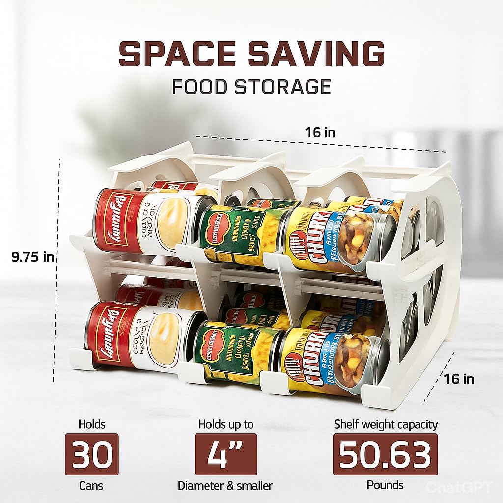FIFO Countertop Mini Can Tracker Holds 30 Standard 10-24 Oz Can Sizes, White| Stackable & Adjustable Can Organizer for Pantry, USA Made, White