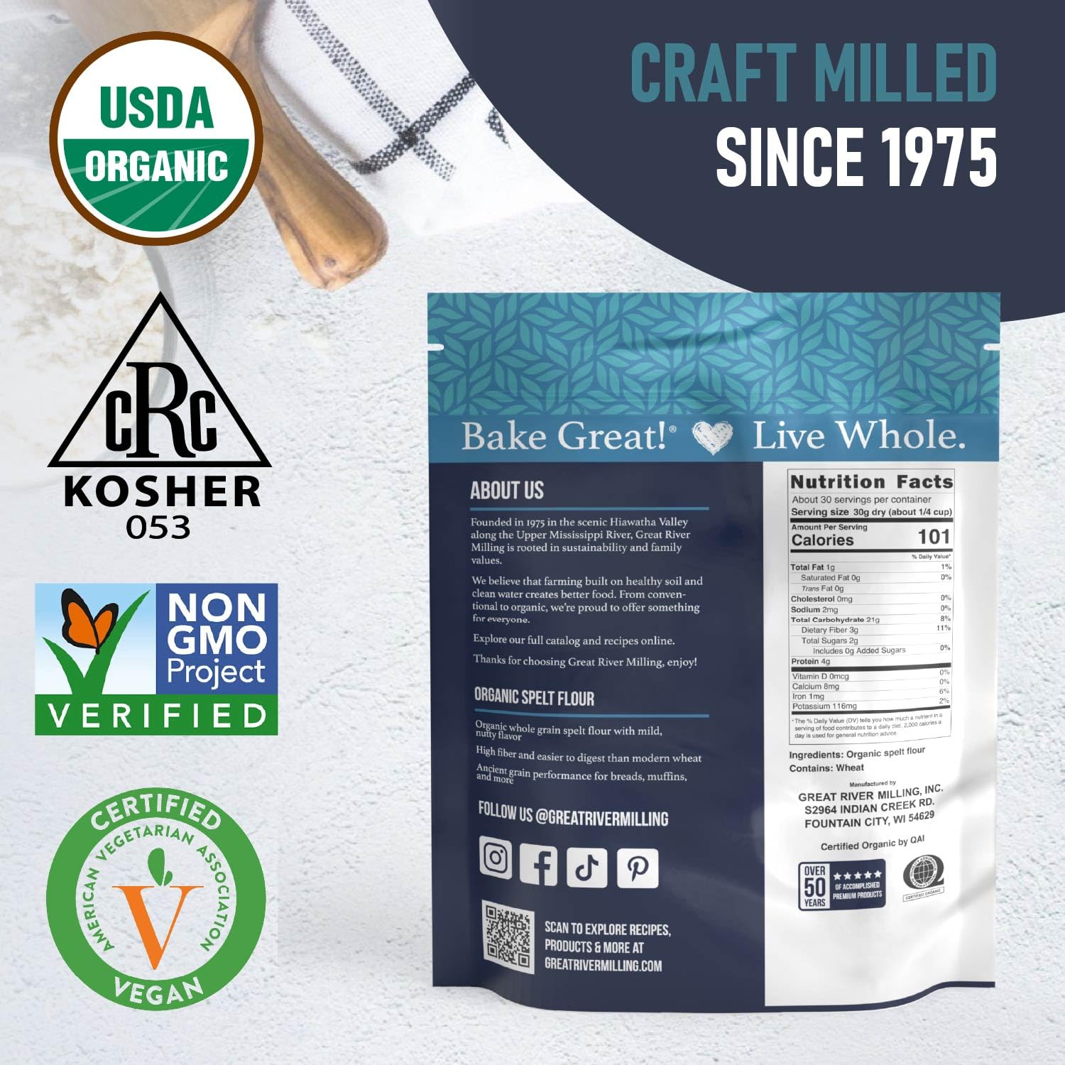 Great River Milling Organic Spelt Flour, Ancient Grain, 25 lb