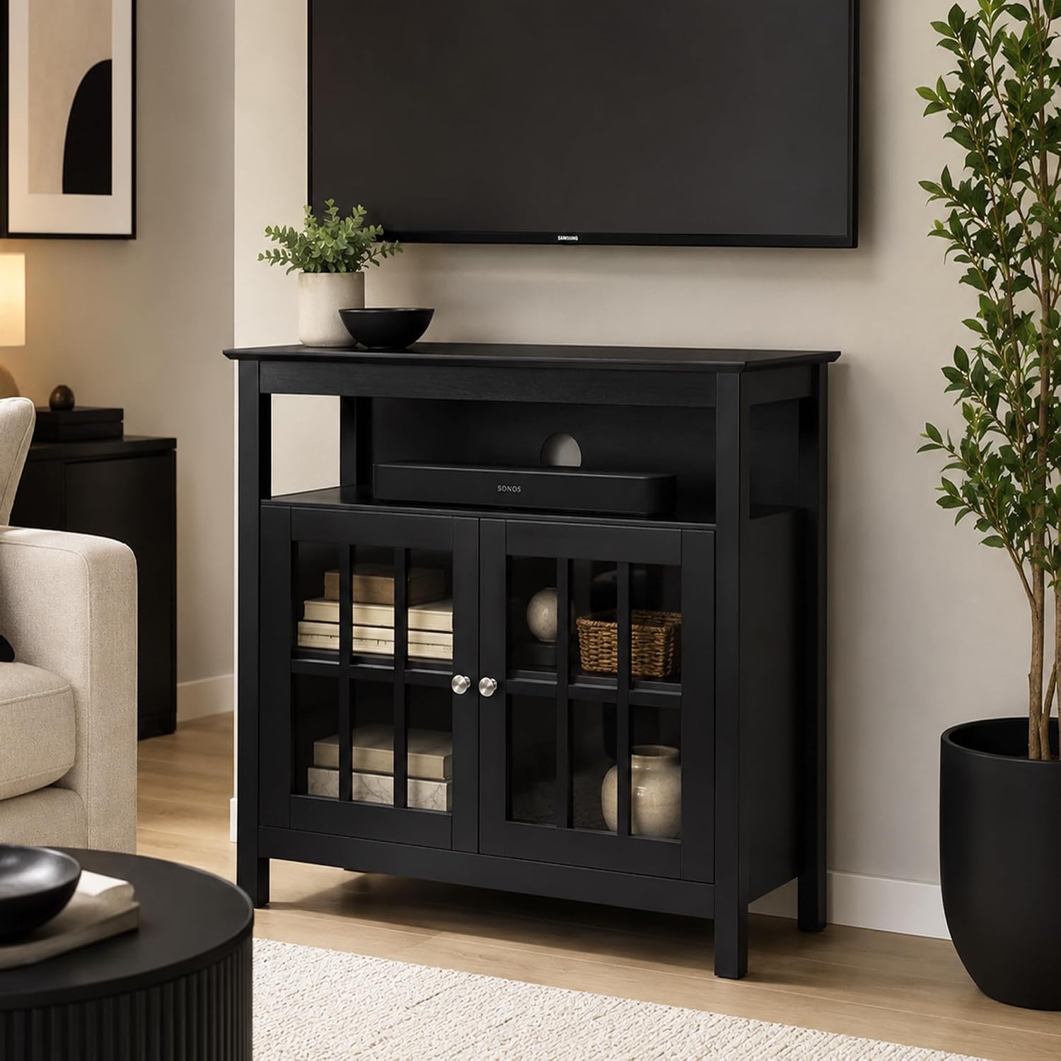 Convenience Concepts Big Sur Highboy TV Stand with Storage Cabinets and Shelves in White Finish