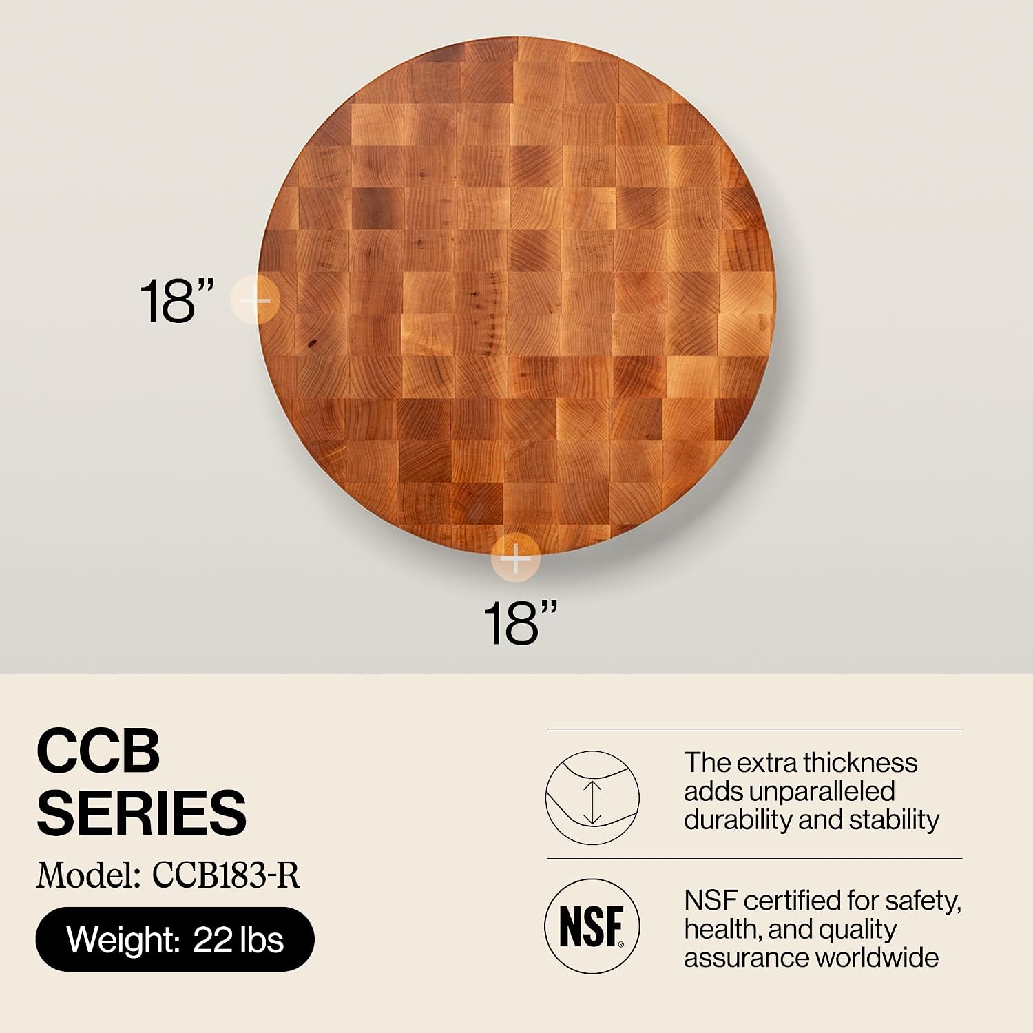 John Boos CCB Series Round Wooden Maple Cutting Board 18”x18” – 3” Thick, 22-lb Non-Reversible Butcher Block with End-Grain – Made in the USA