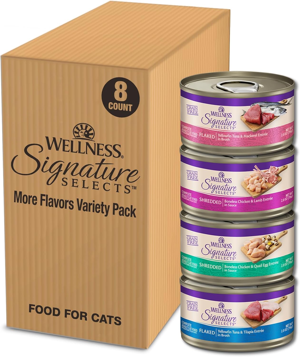 Wellness CORE Signature Selects Variety Pack Adult Canned Wet Cat Food, Natural, Protein Rich, Grain Free, Poultry Recipes, 2.8 oz, Pack of 8 Cans