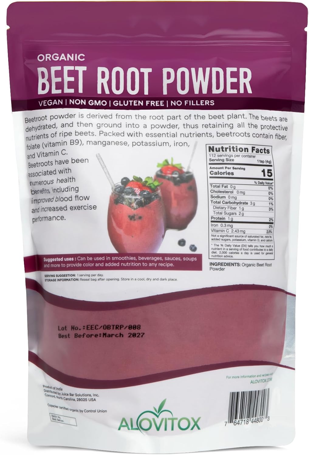 Alovitox Beet Root Powder: USDA Organic, Nitric Oxide Boost, Fuels Workouts