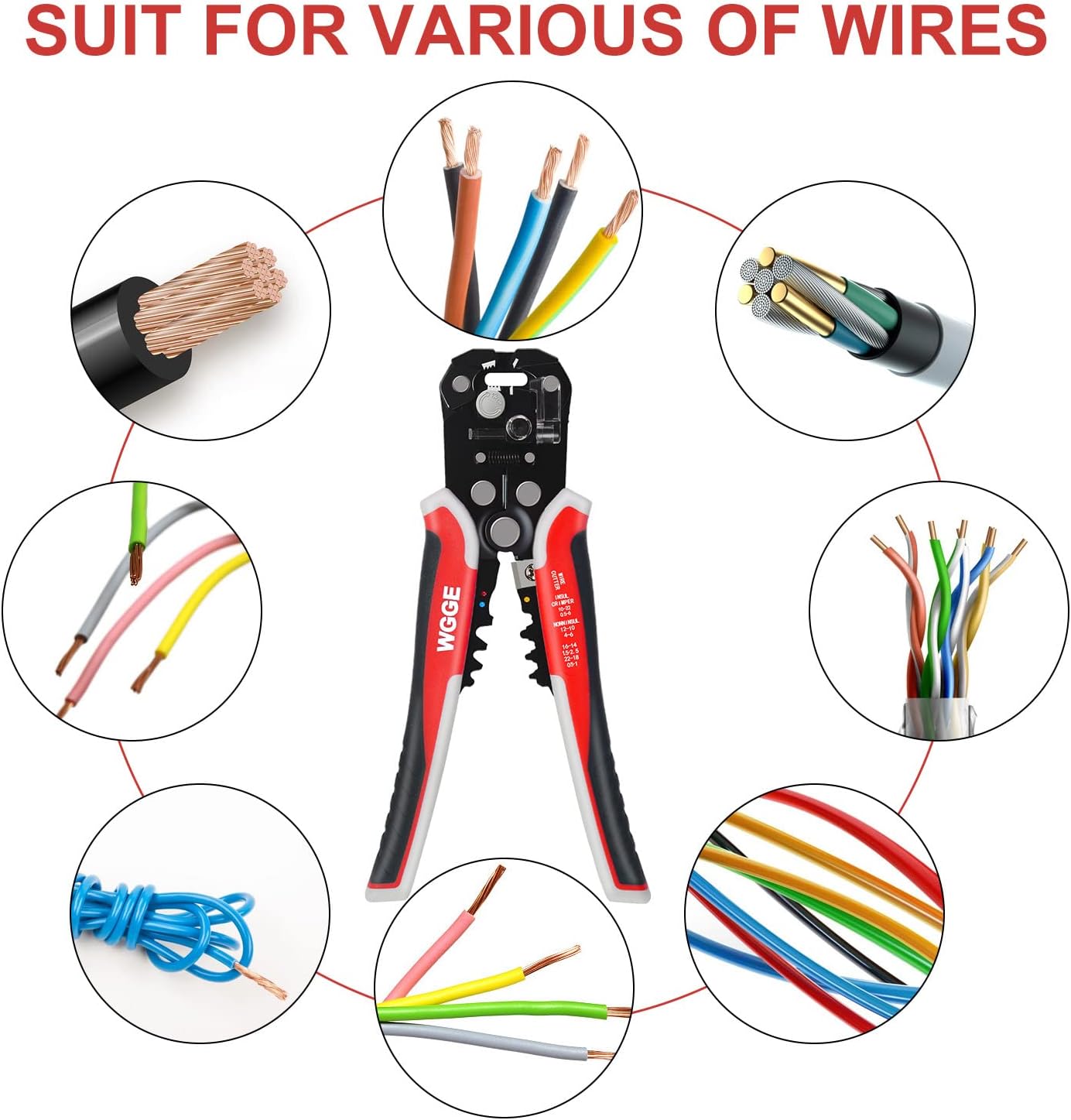 WGGE WG-014 Self-Adjusting Insulation Wire Stripper. For stripping wire from AWG 10-24, 3 in 1 Automatic Wire Stripping Tool/Cutting Pliers Tool