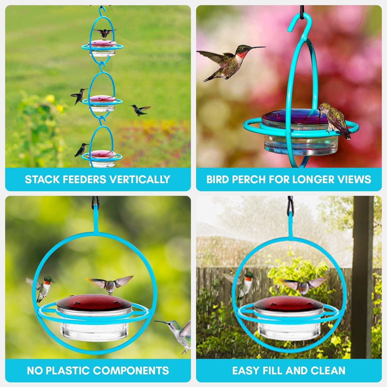 Hummingbird Feeder for Outdoors Hanging, 3.4 OZ Hummingbird Feeders, Glass Bowl with 4 Feeding Ports, Leak Proof Lid & Circular Perch, Bird Feeder (1, Red)