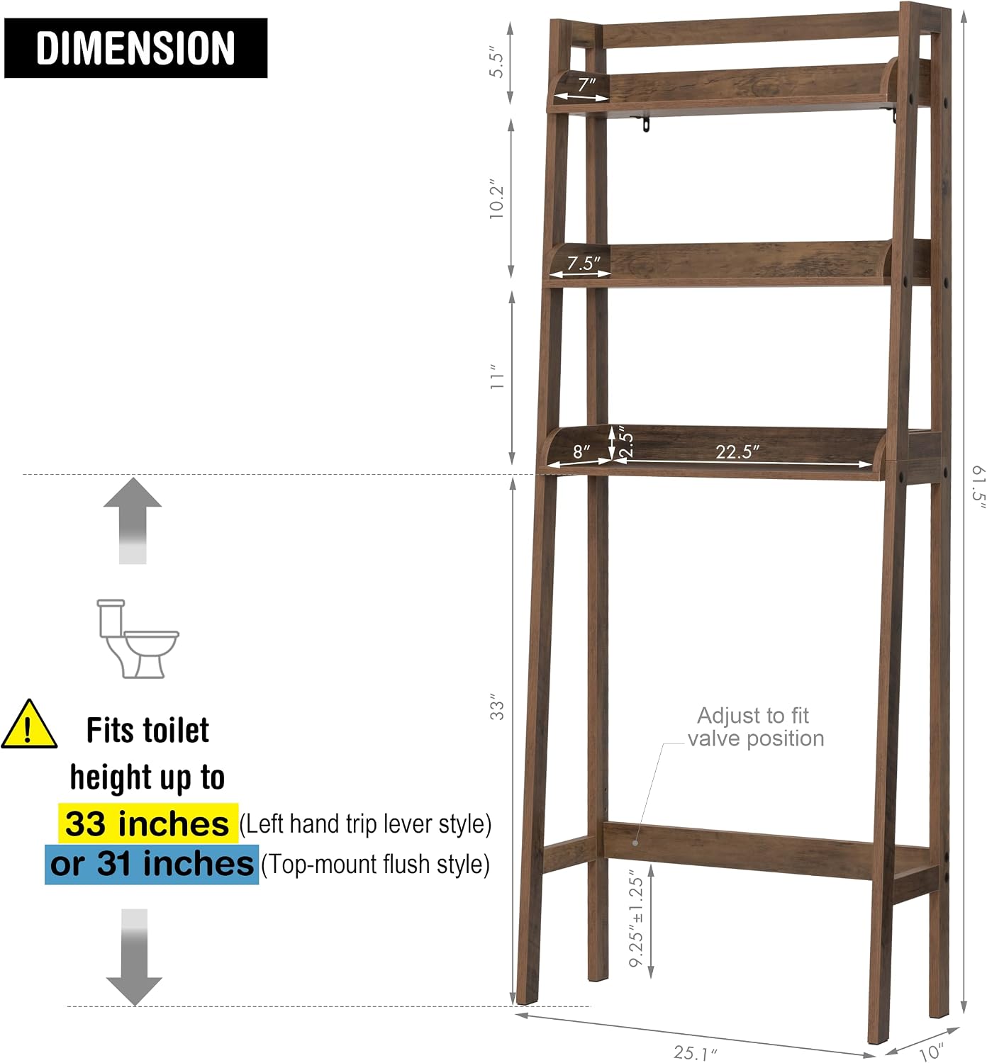 UTEX Over The Toilet Storage Shelf, 3-Tier Bathroom Organizer, White | FSC-Certified MDF, Open Ladder Design, Adjustable Lower Crossbar, Anti-tip Hardware, 33-Inch Clearance, Raised Side Guards