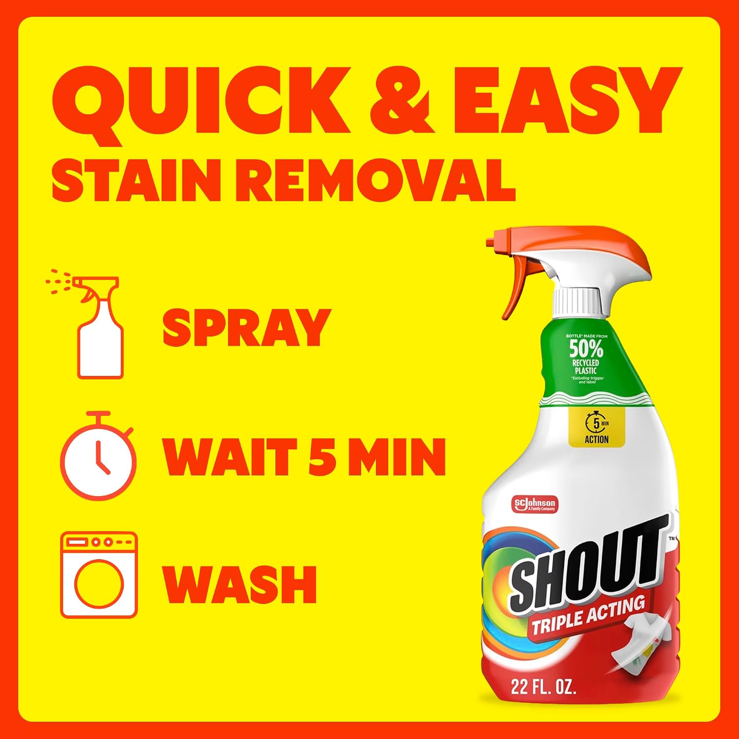 Shout Active Enzyme Laundry Stain Remover Spray, Triple-Acting Formula Clings, Penetrates, and Lifts 100+ Types of Everyday Stains - Prewash Spray 22oz